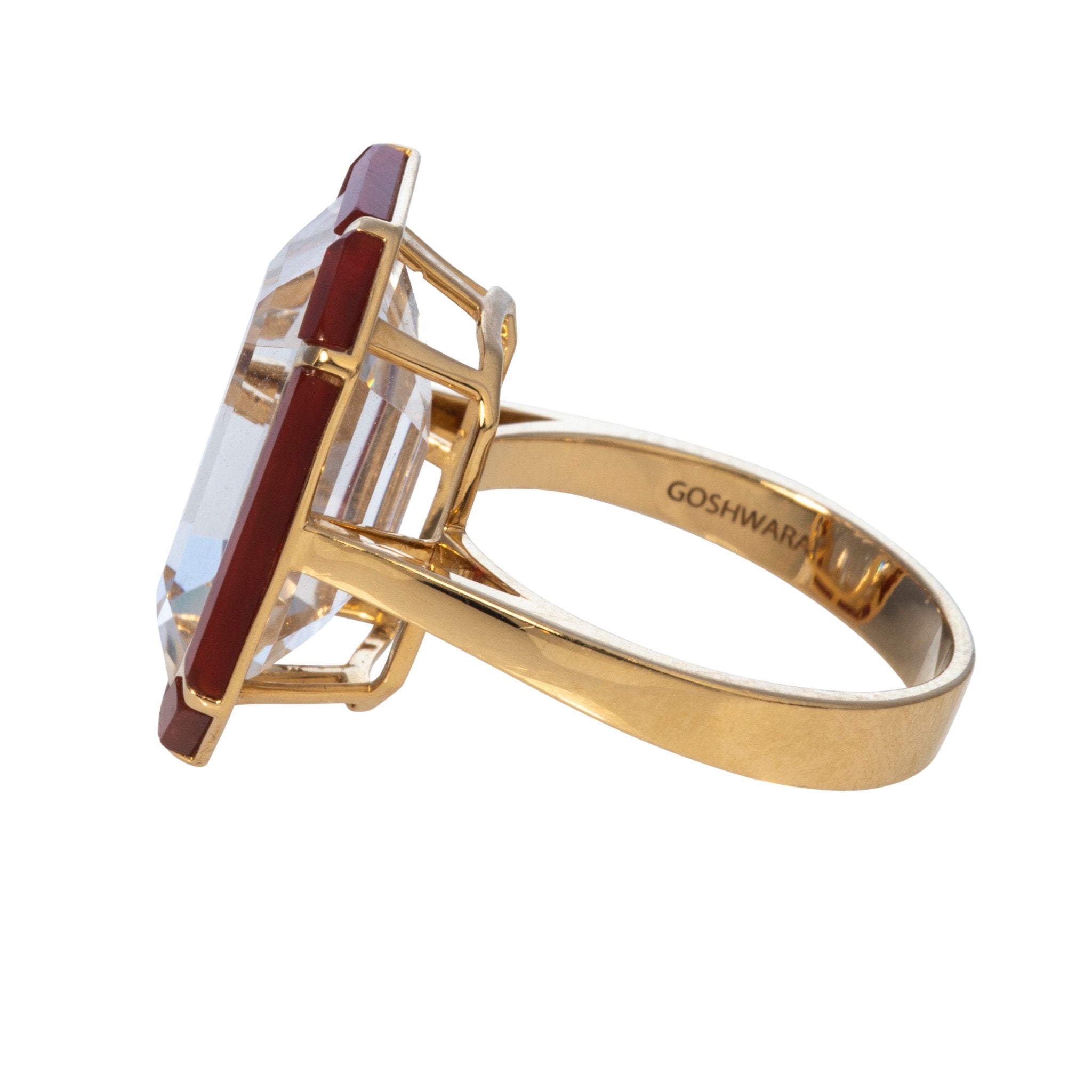 Goshwara Emerald-Cut Rock Crystal & Red Agate 18K Gold Ring