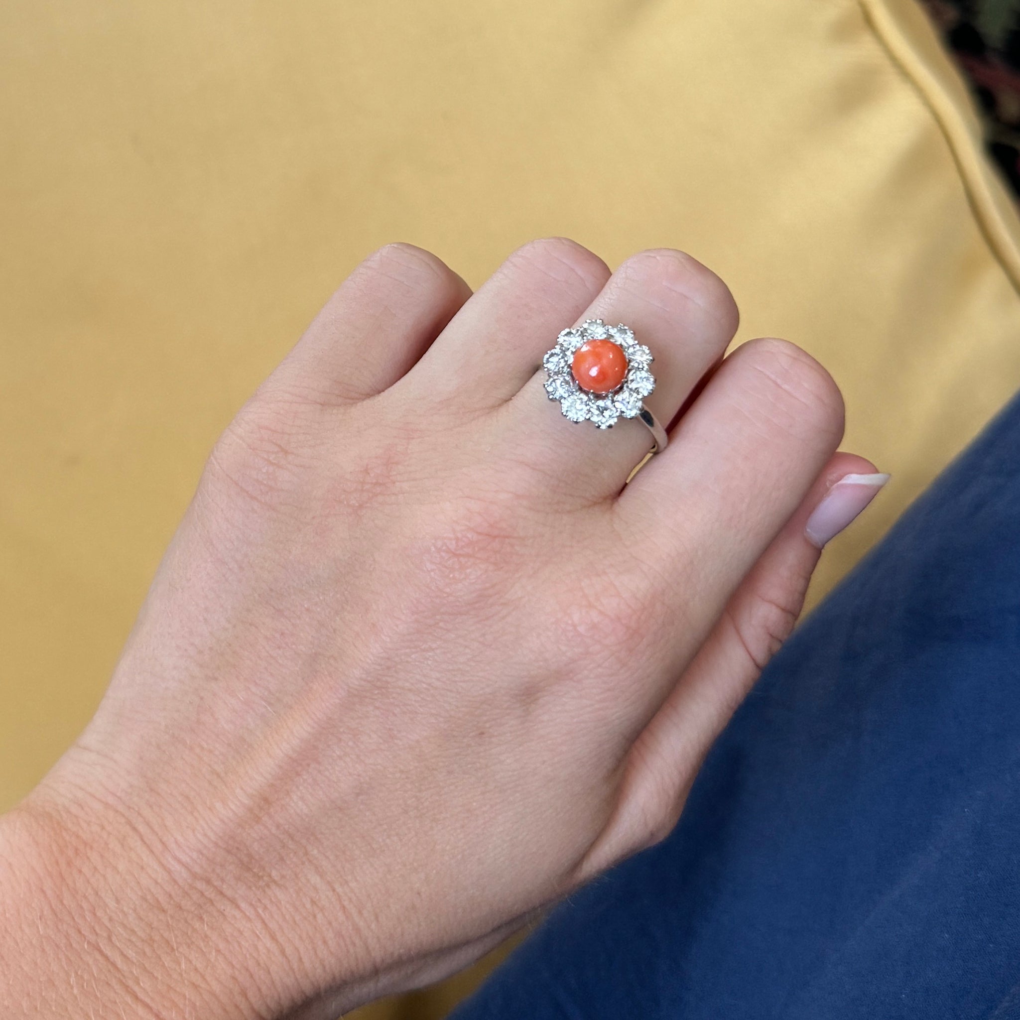 Estate Round Coral & Diamond Platinum 18K Gold Ring