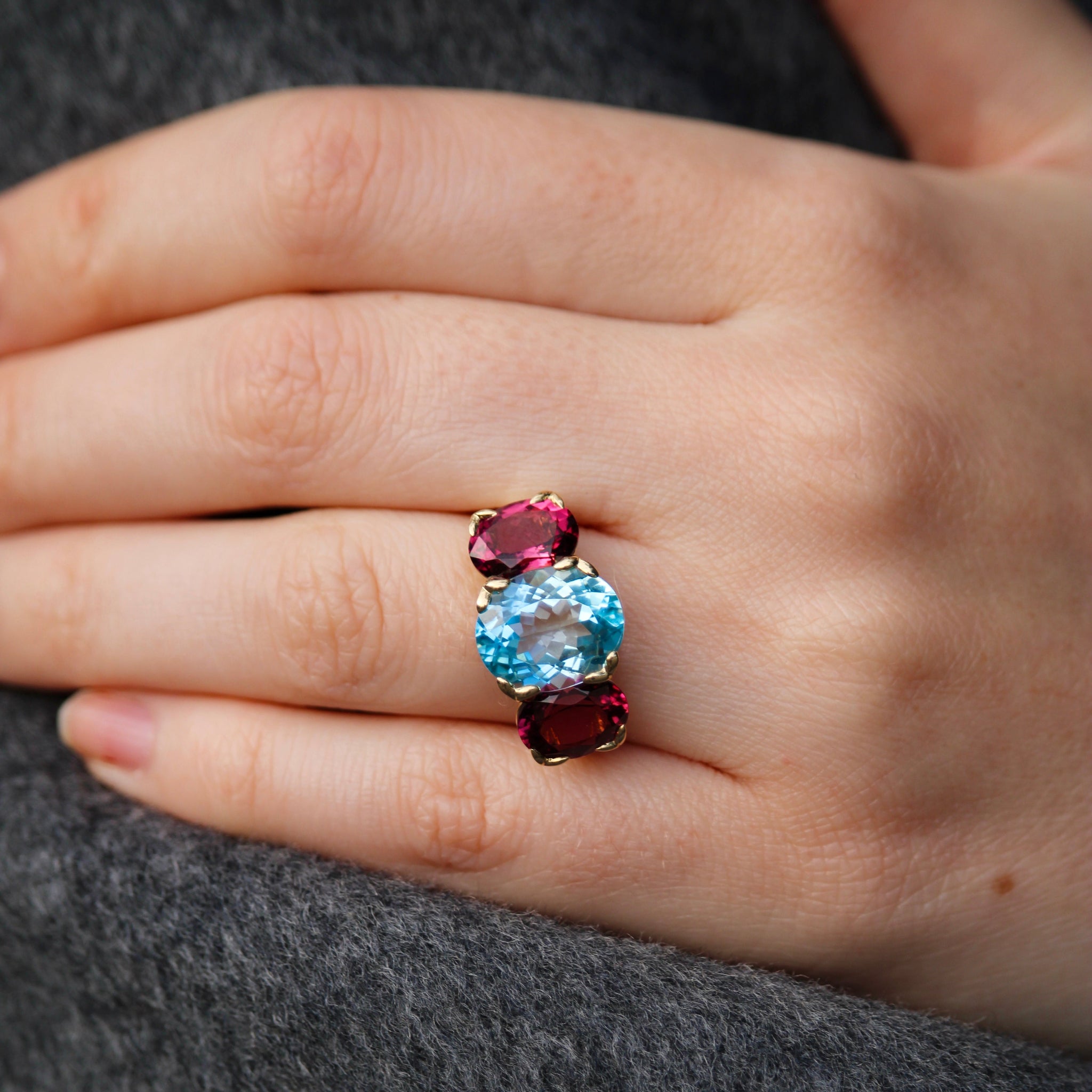 Blue Topaz & Pink Tourmaline 14K Gold River Ring