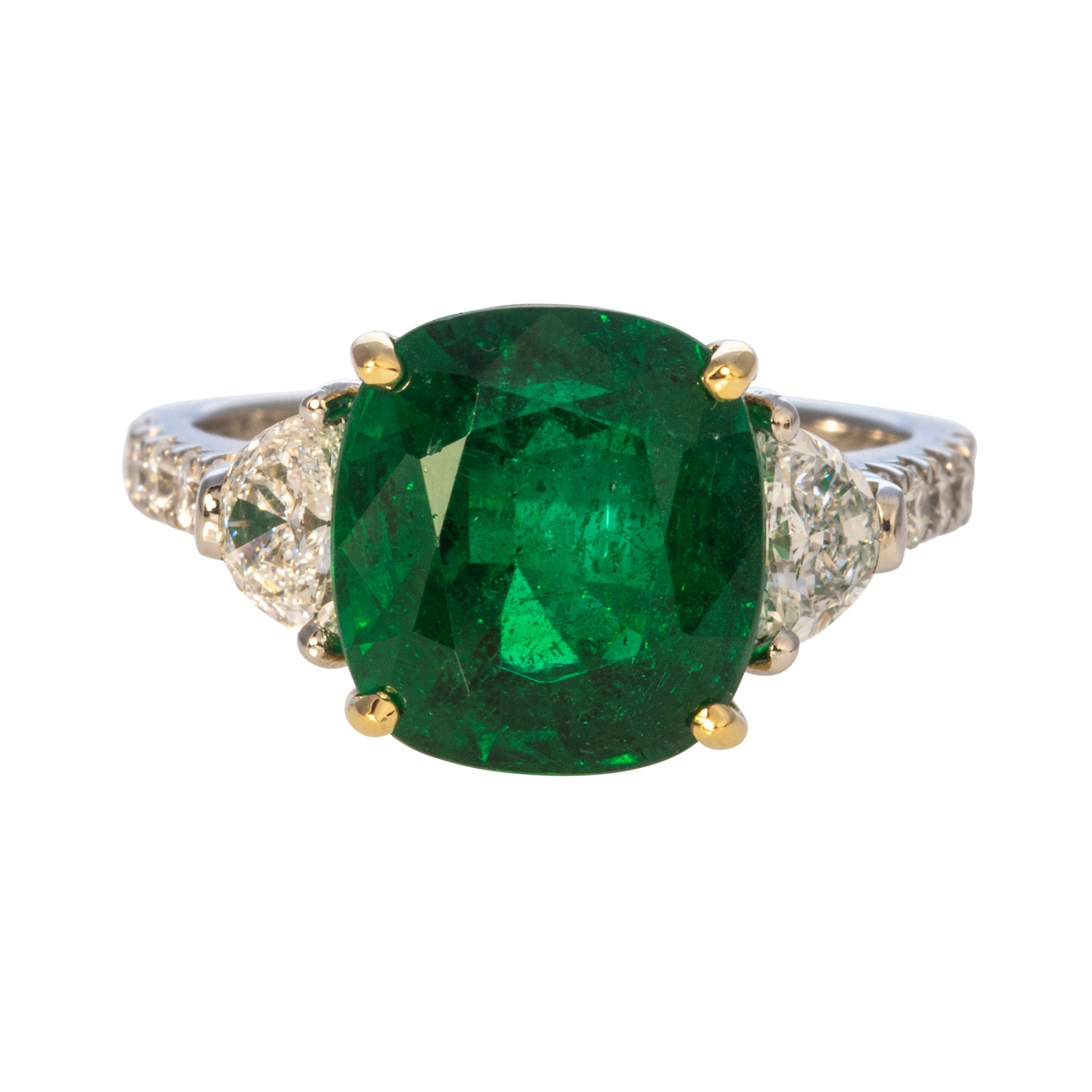 4.96ct Cushion Emerald & Half-Moon Diamond 18K Gold Platinum Ring