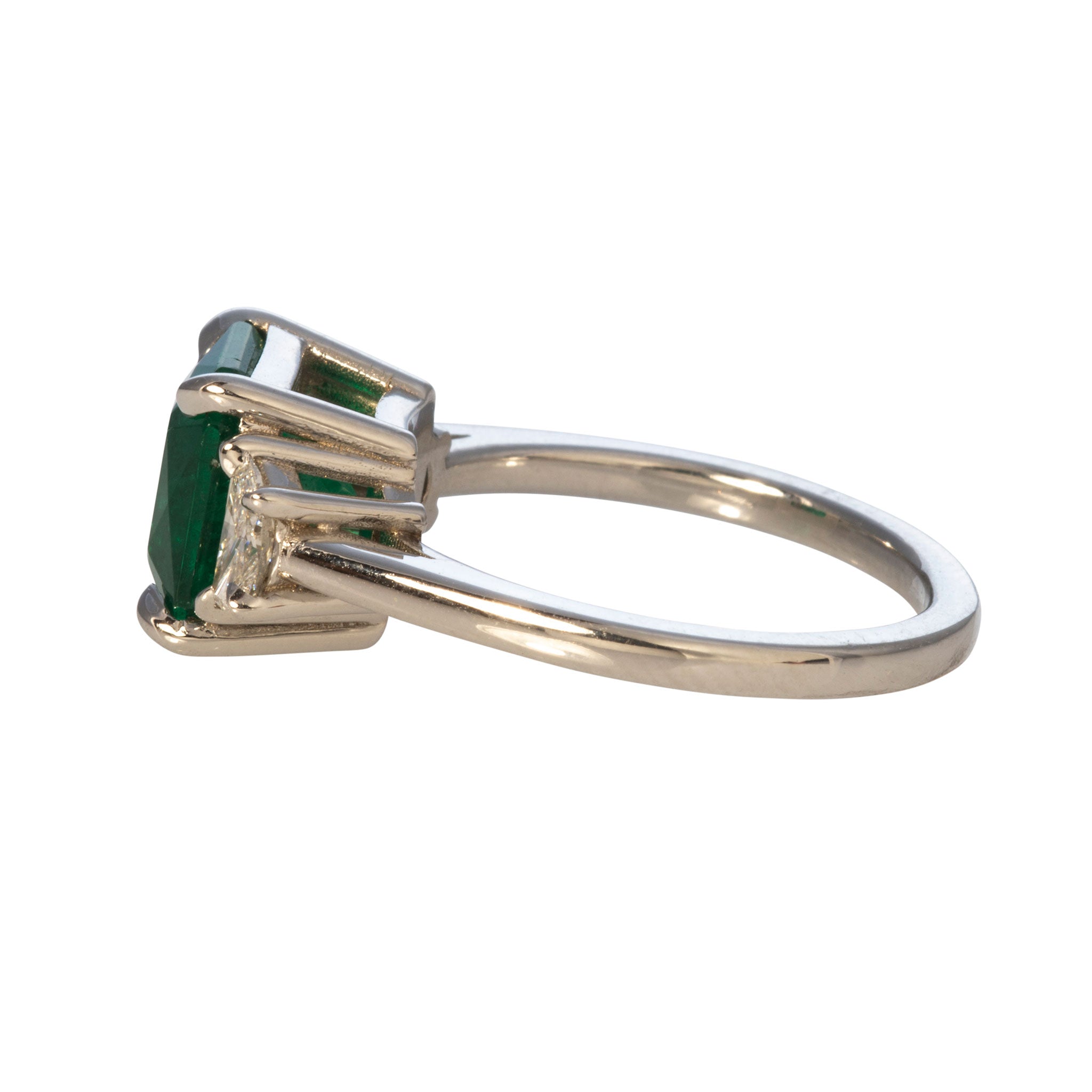 3ct Square Emerald & Half-Moon Diamond Three Stone Platinum Ring