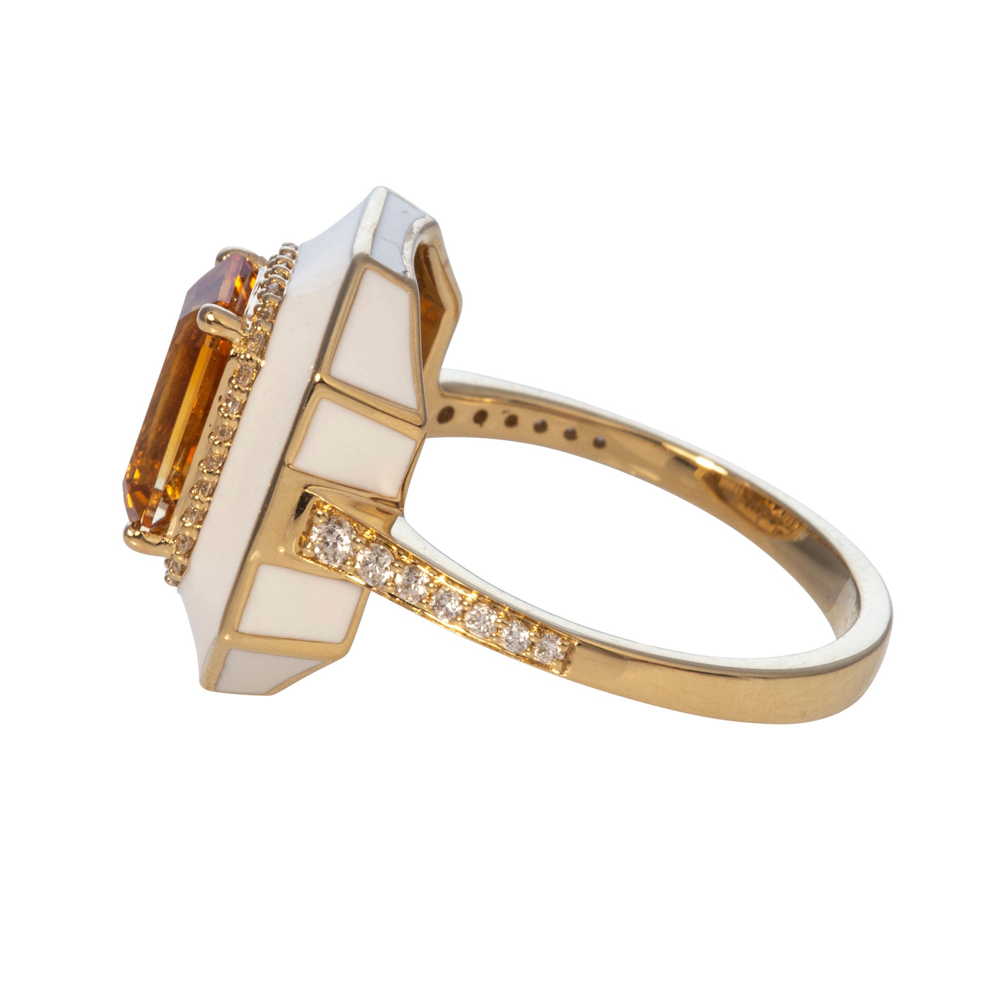 Goshwara Emerald-Cut Citrine & White Enamel 18K Gold Ring