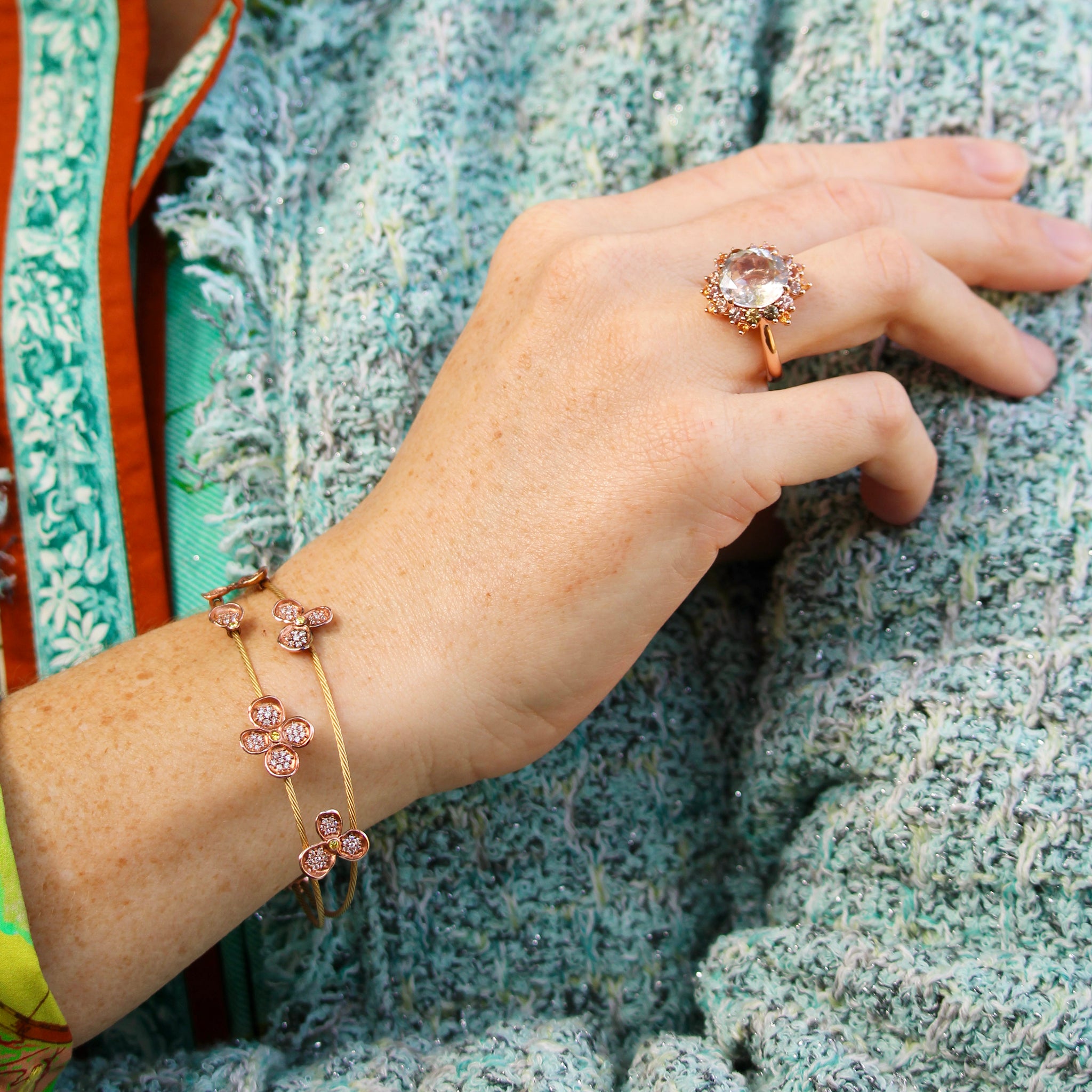 Smoky Quartz, Mandarin Garnet & Mixed Sapphire 14K Rose Gold Ring, Paul Morelli Forget Me Not Double Wire Bracelet