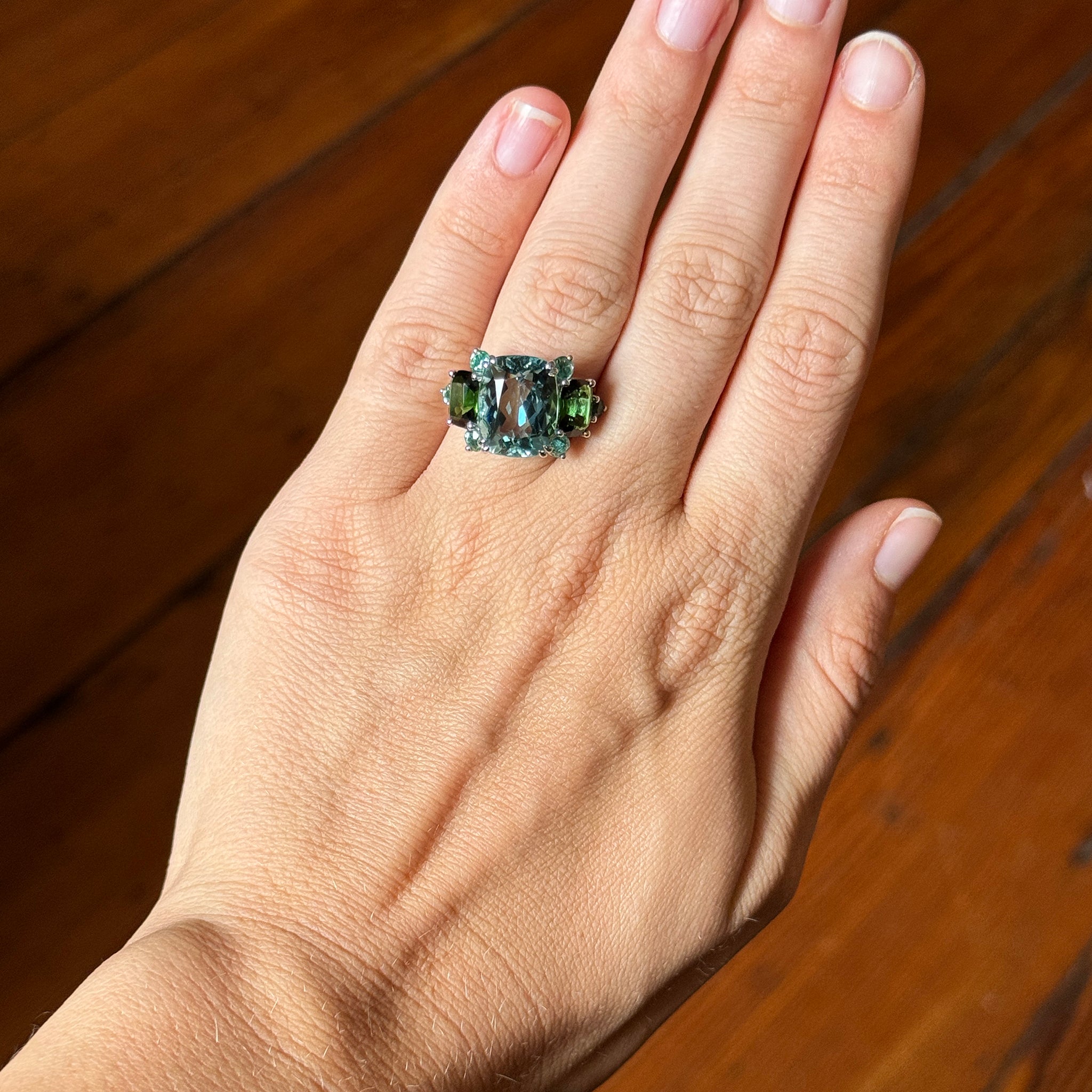 6.5ctw Aquamarine & 3ctw Green Tourmaline 14K White Gold Ring