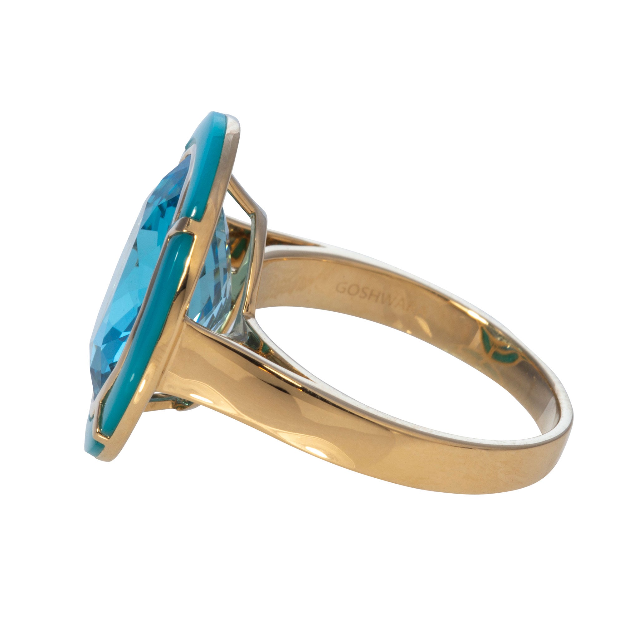 Goshwara Oval Blue Topaz & Turquoise Inlay 18K Gold Ring