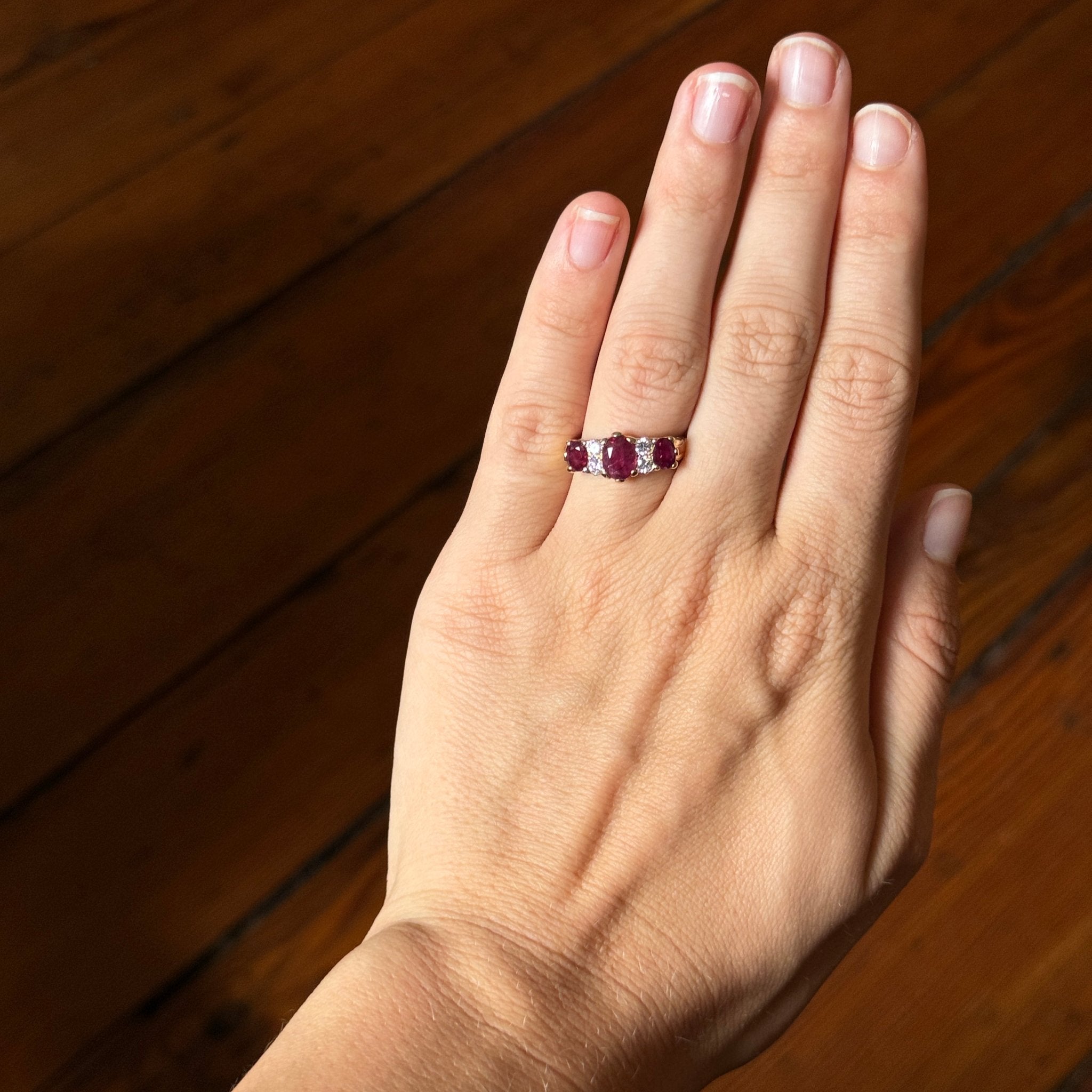 Victorian Style 3-Stone Ruby & Diamond 14K Gold Ring