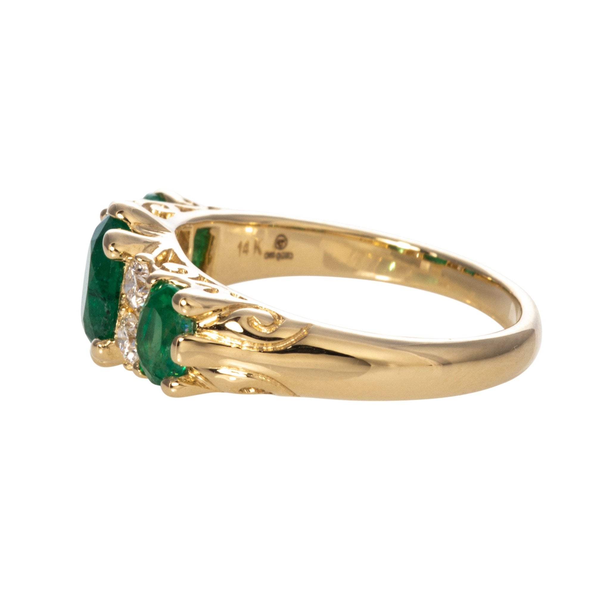 Victorian Style 3-Stone Emerald & Diamond 14K Gold Ring