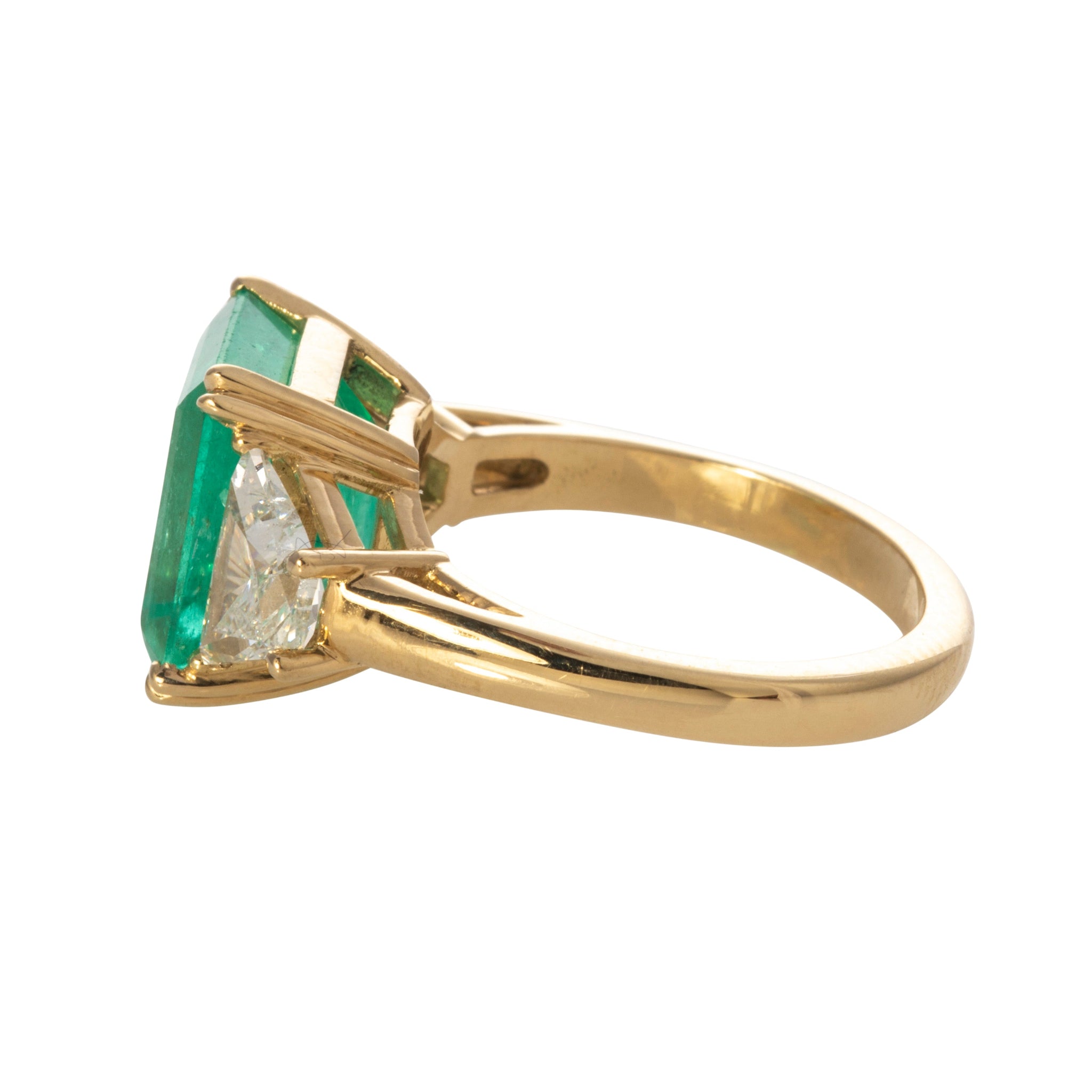 5.77ct Emerald & Trapezoid Diamond Three-Stone 18K Gold Ring