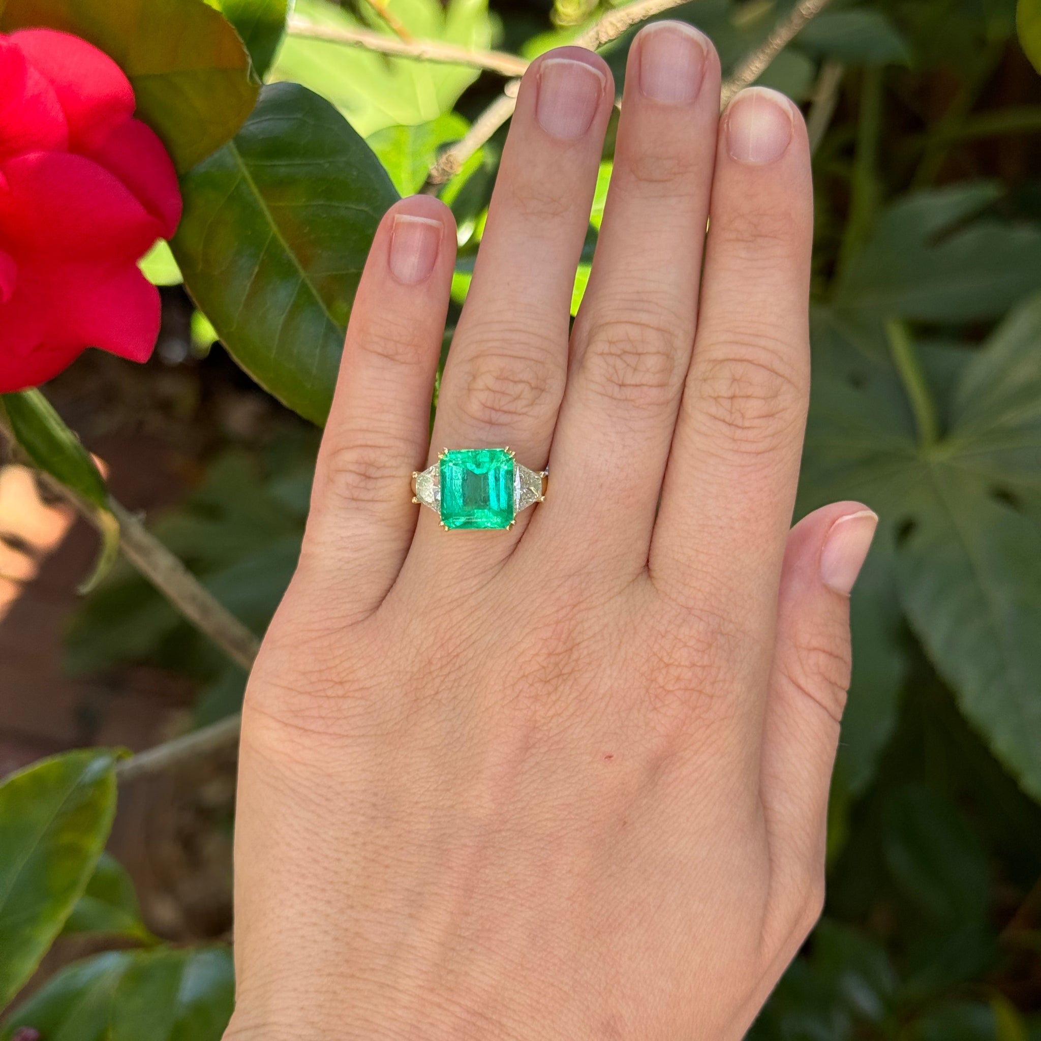 5.77ct Emerald & Diamond Three-Stone 18K Gold Ring