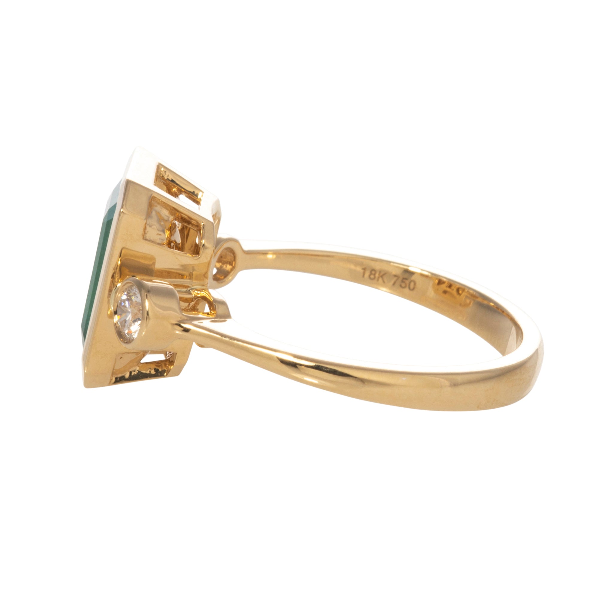 Emerald & Diamond Three Stone Bezel Set 18K Yellow Gold Ring