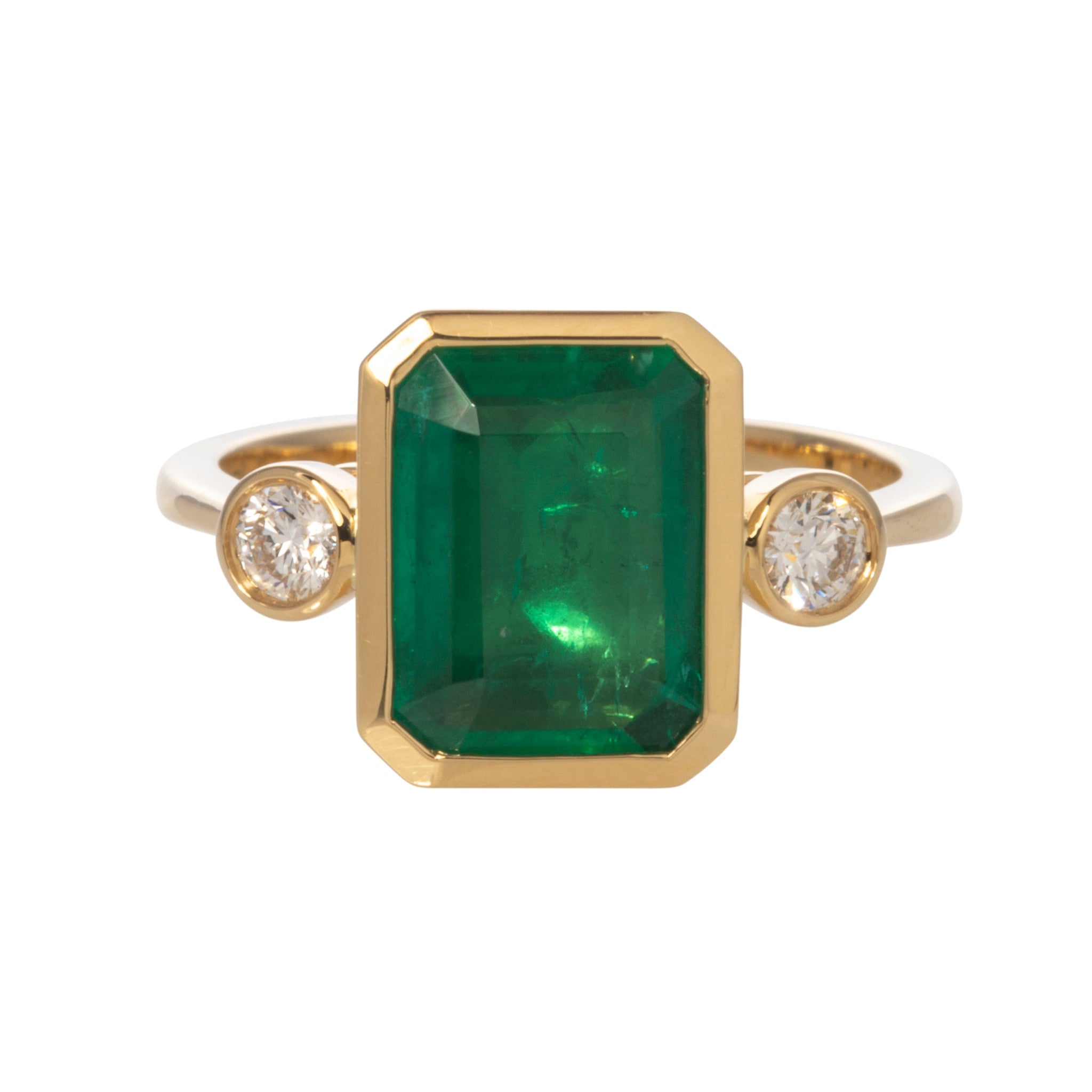 Emerald & Diamond Three Stone Bezel Set 18K Yellow Gold Ring