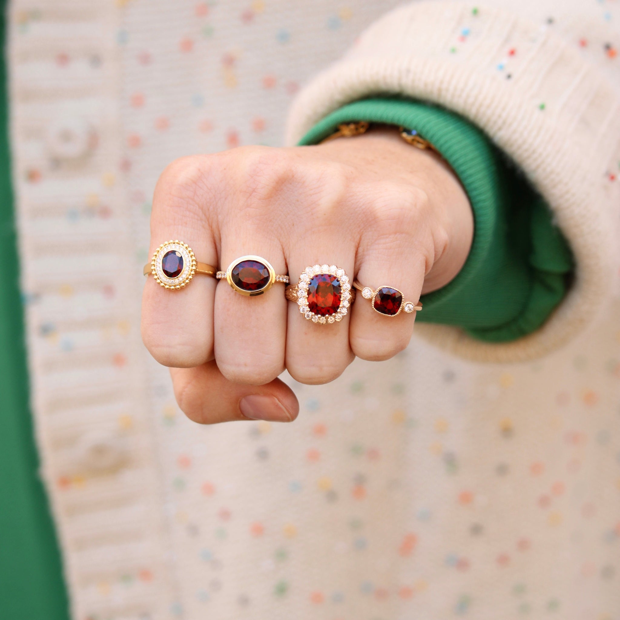 Oval Garnet & Diamond 18K Yellow Gold Beaded Ring