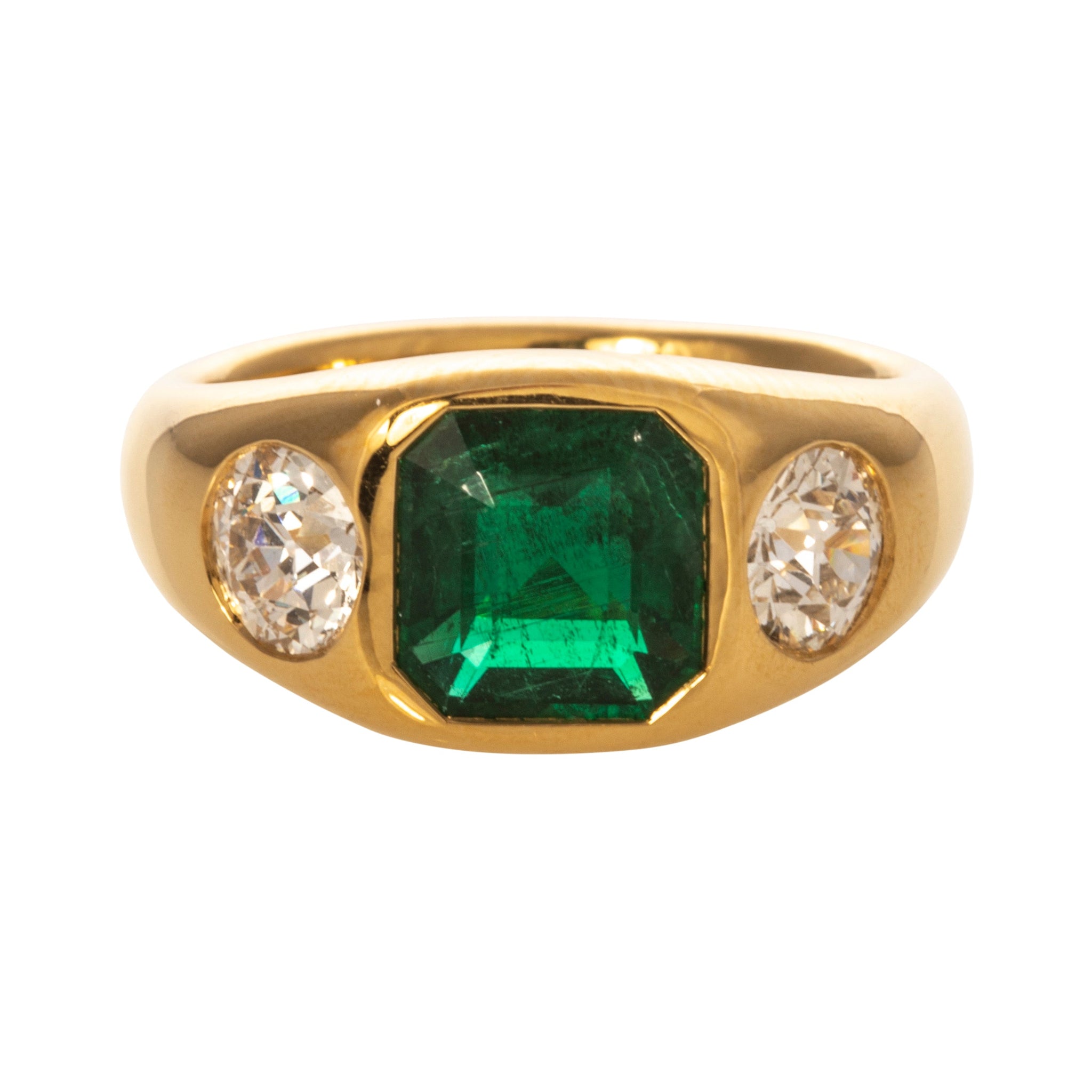 1.87ct Emerald & Diamond Three-Stone 18K Gold Gypsy Ring