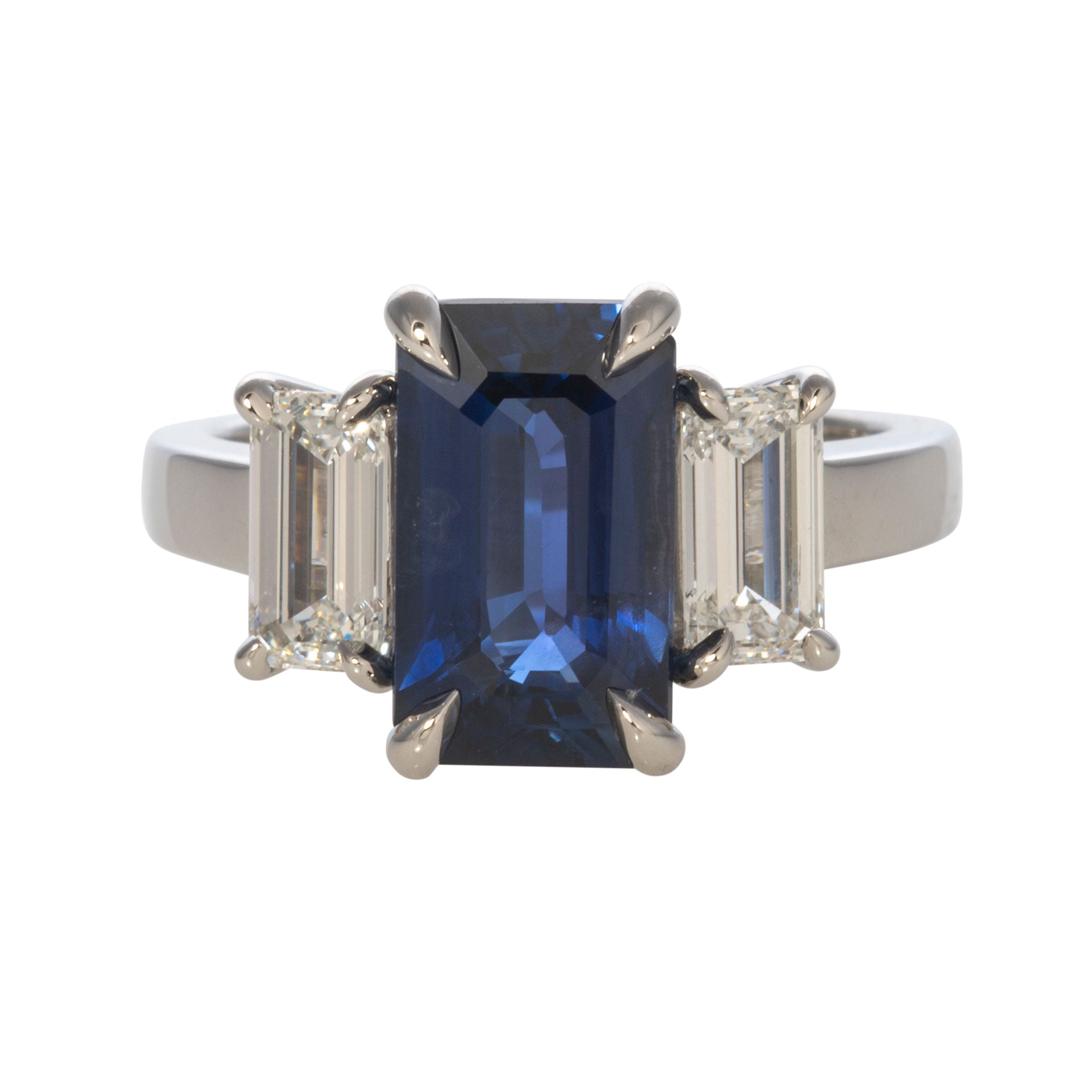 3.58ct Emerald-Cut Sapphire & Diamond Three-Stone Platinum Ring