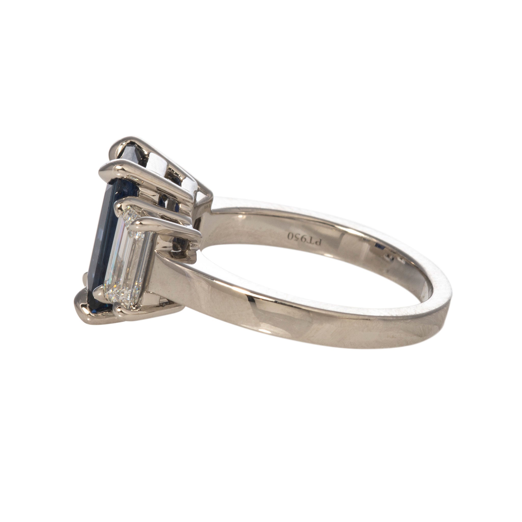 3.58ct Emerald-Cut Sapphire & Diamond Three-Stone Platinum Ring