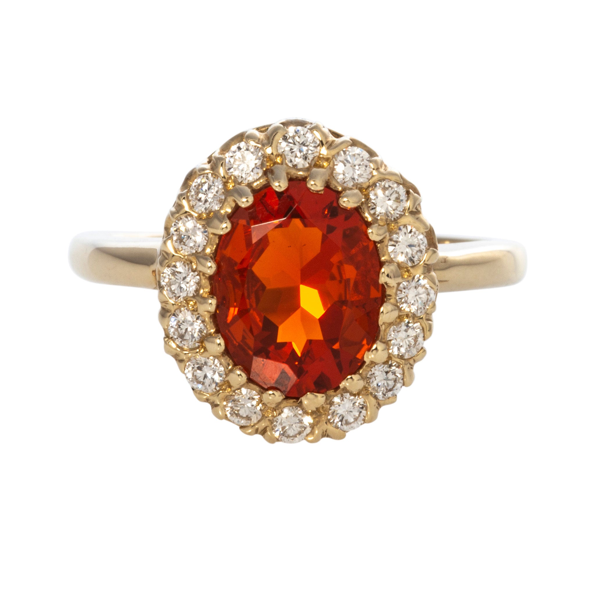 Oval Mexican Fire Opal & Diamond Cluster 14K Yellow Gold Ring