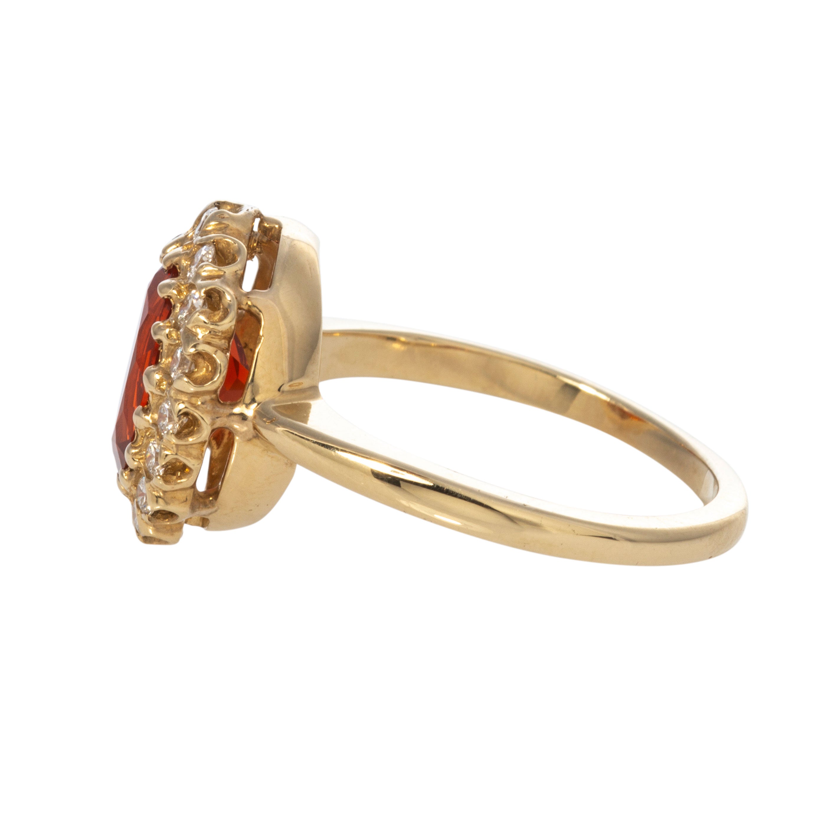 Oval Mexican Fire Opal & Diamond Cluster 14K Yellow Gold Ring