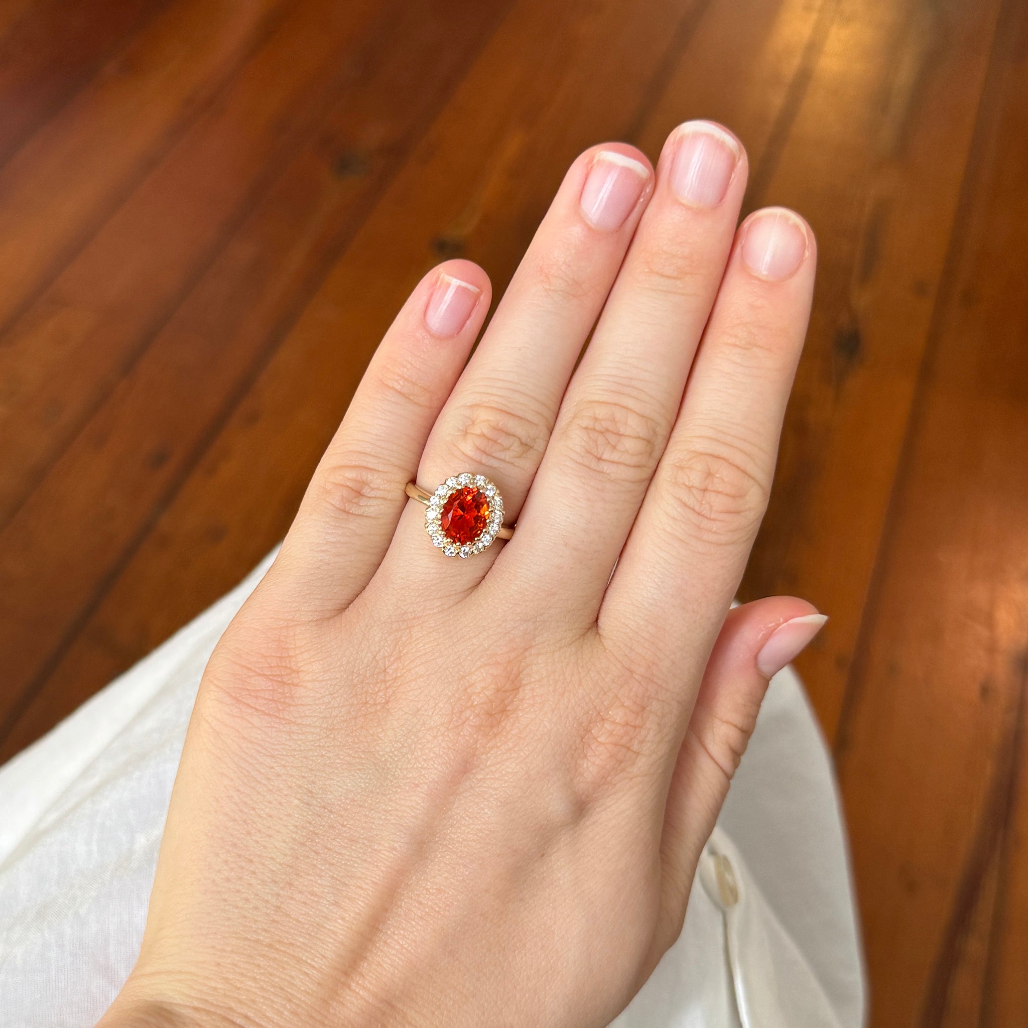 Oval Mexican Fire Opal & Diamond Cluster 14K Yellow Gold Ring