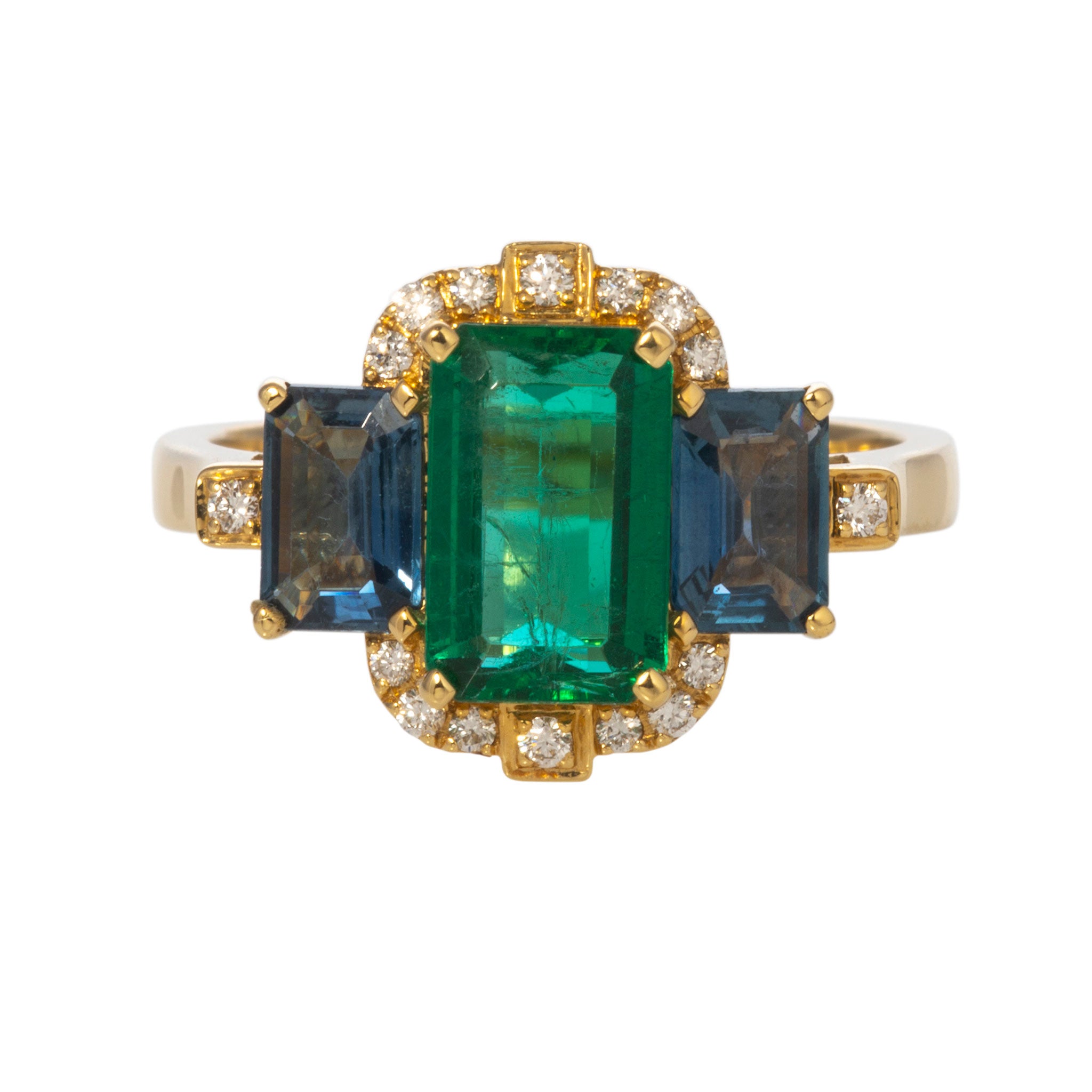 Goshwara 3 Stone Emerald & Sapphire 18K Gold Ring