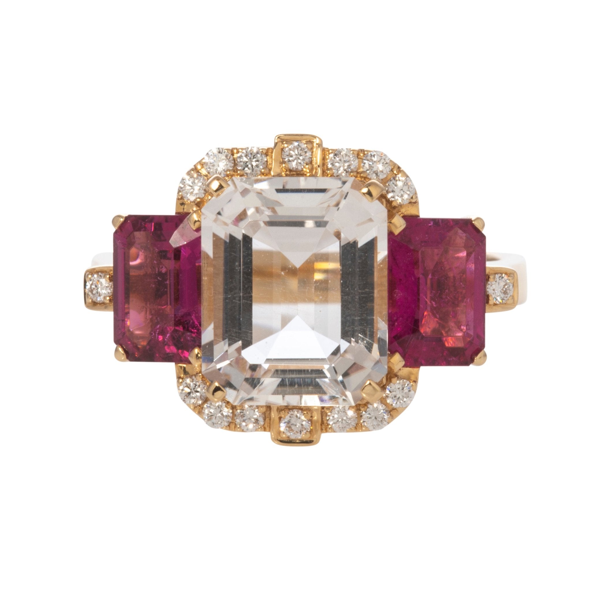 Goshwara 3 Stone Rock Crystal & Rubellite 18K Gold Ring