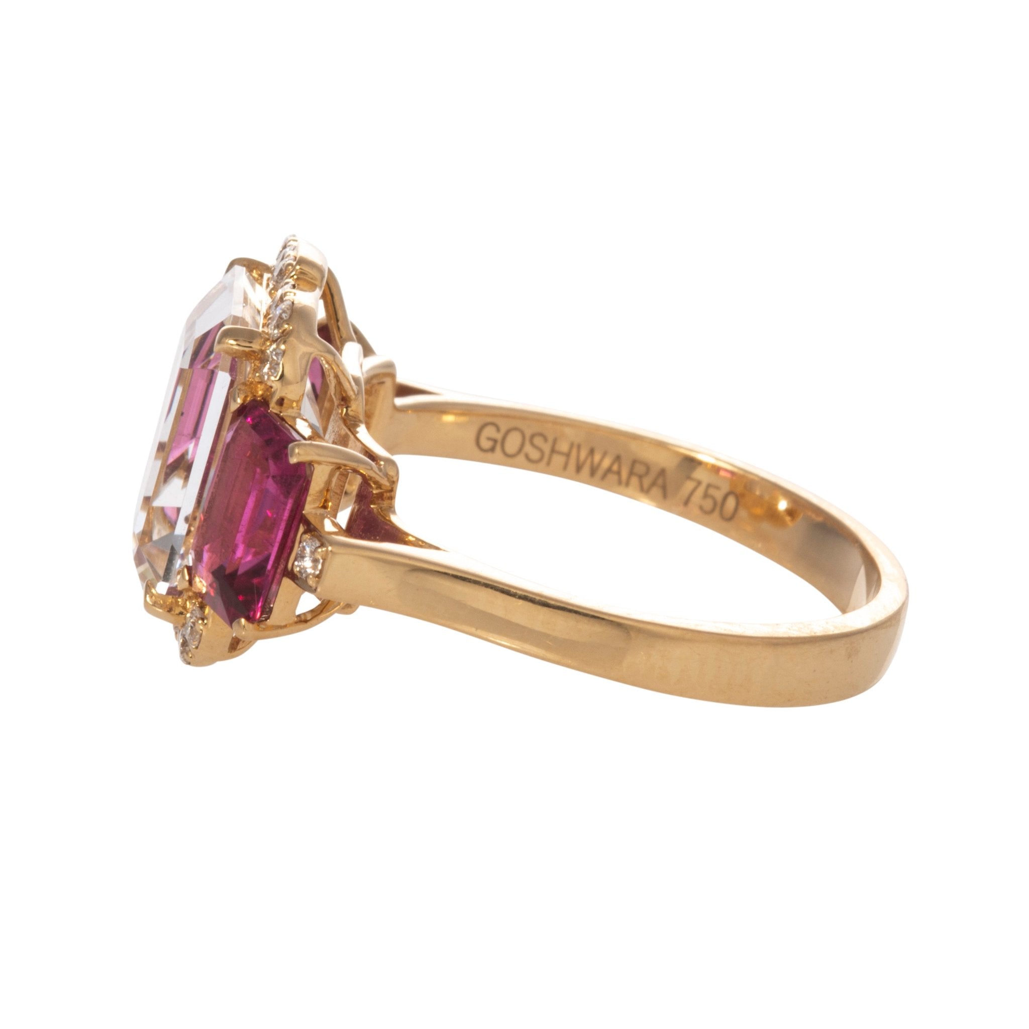 Goshwara 3 Stone Rock Crystal & Rubellite 18K Gold Ring