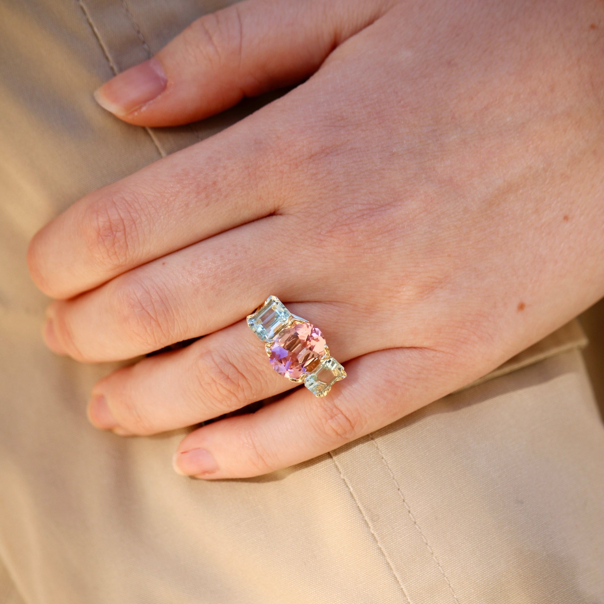 Pink Tourmaline & Aquamarine 14K Gold River Ring