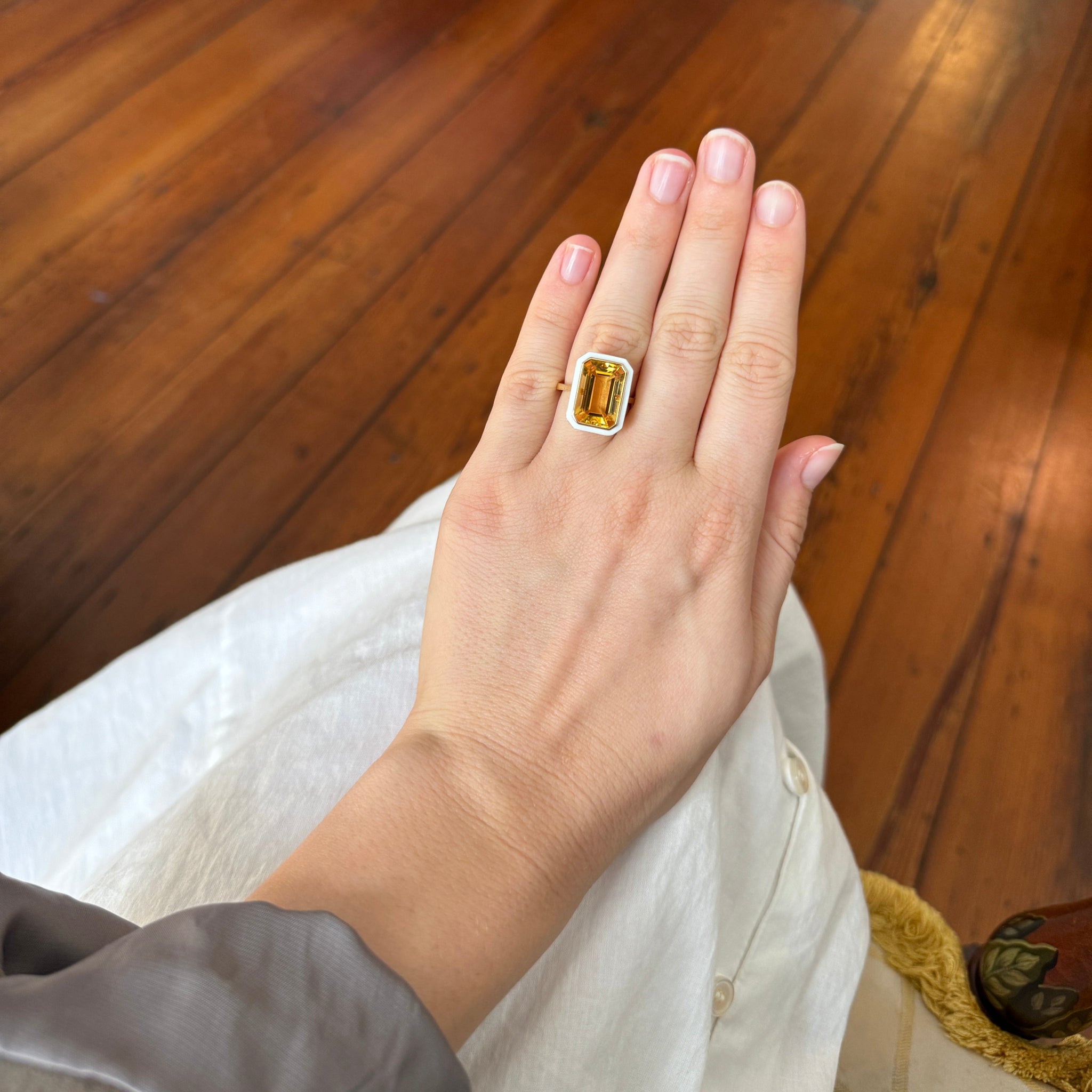 Goshwara Emerald-Cut Citrine & White Enamel 18K Gold Ring