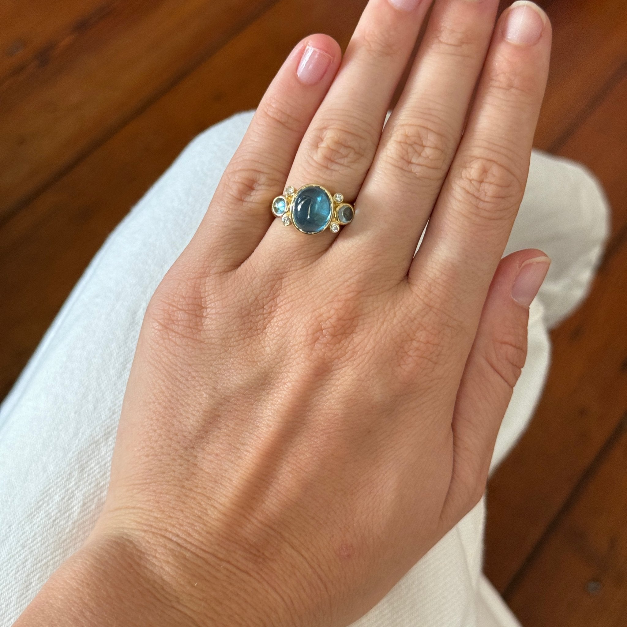 Blue Topaz Cabochon & Diamond 14K Yellow Gold Ring