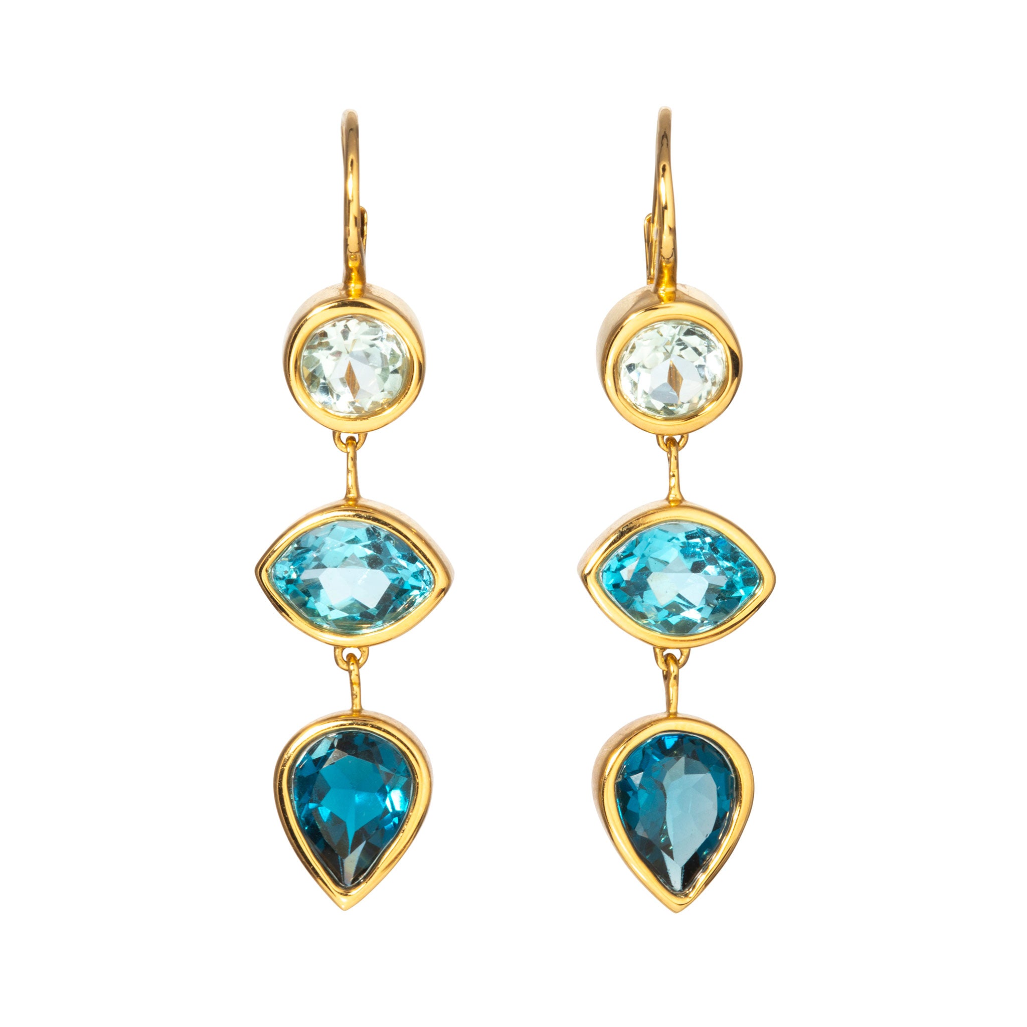 Blue Topaz Triple Drop 18K Yellow Gold Earrings