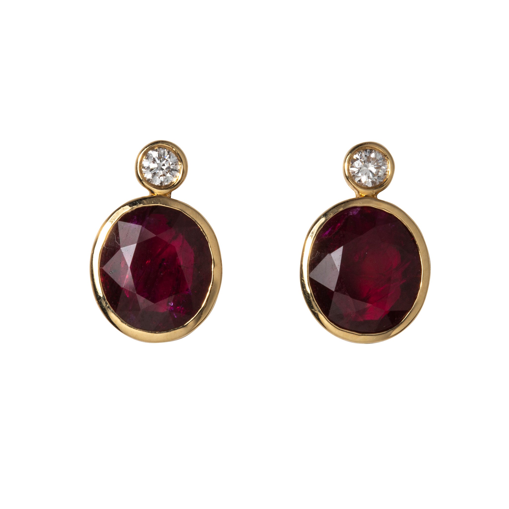 3ctw Oval Ruby & Diamond Bezel-Set 18K Yellow Gold Earrings