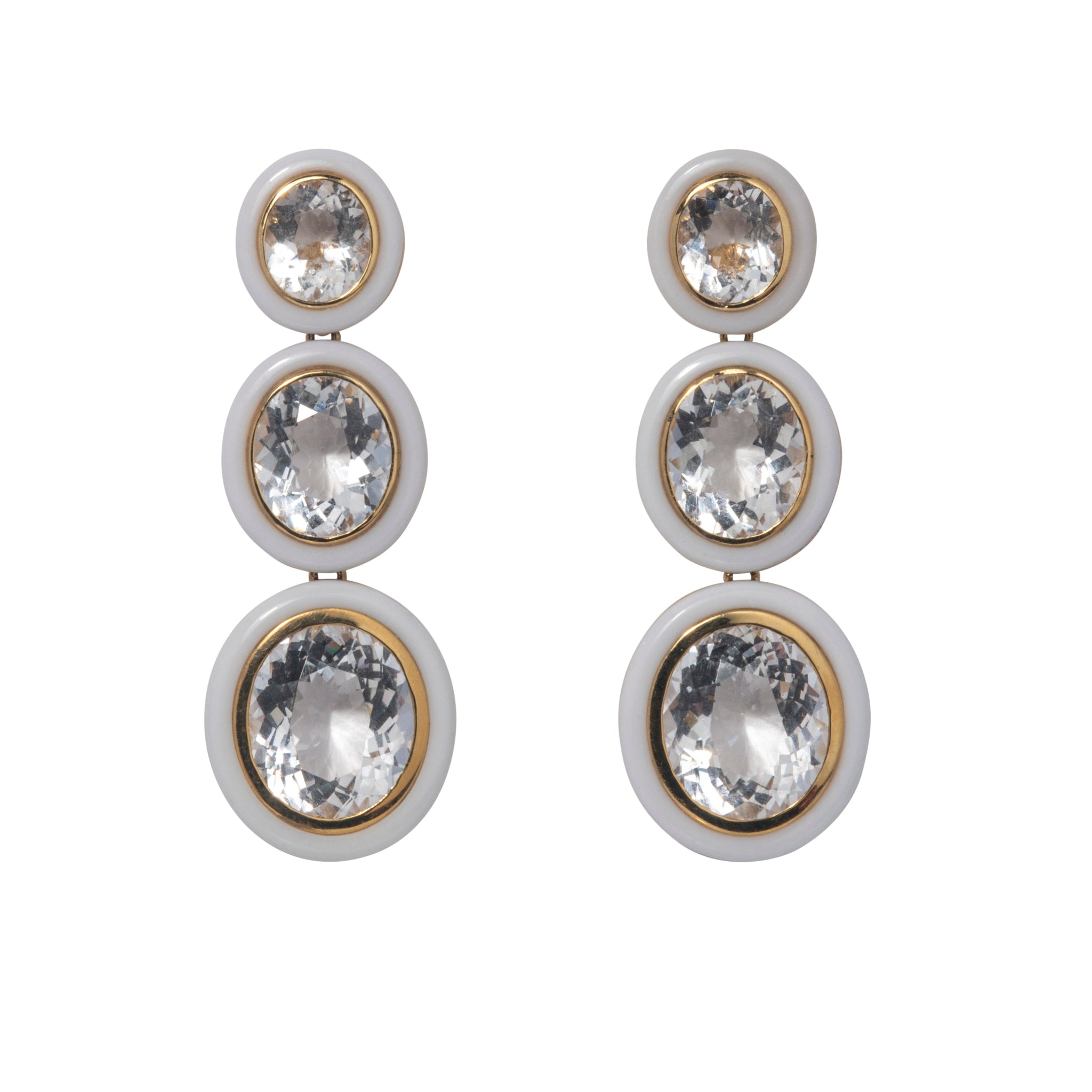 Goshwara Oval Rock Crystal & White Agate Inlay 18K Gold Drop Earrings