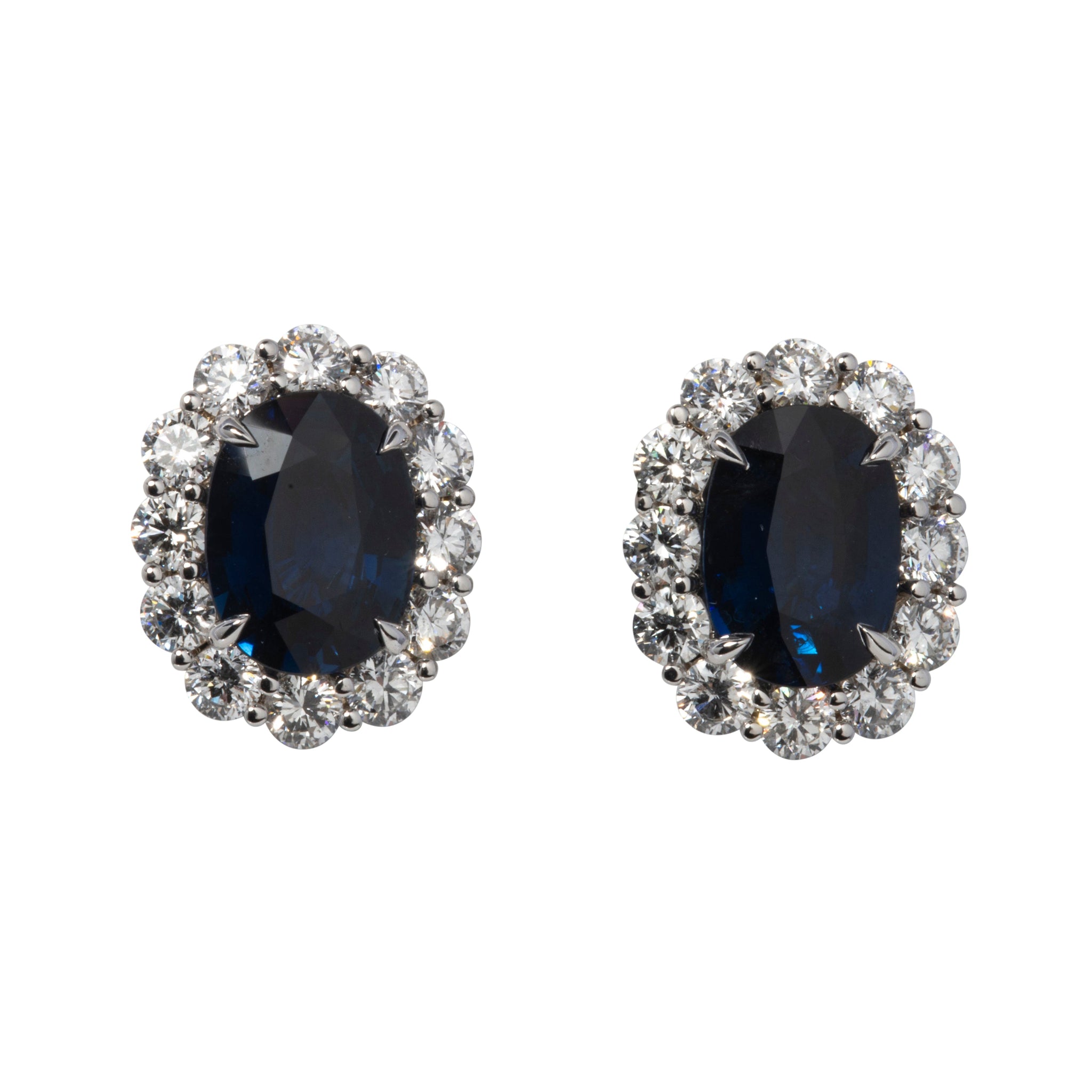 6.34ct Oval Sapphire & 2.64ct Diamond Cluster 18K Gold Earrings