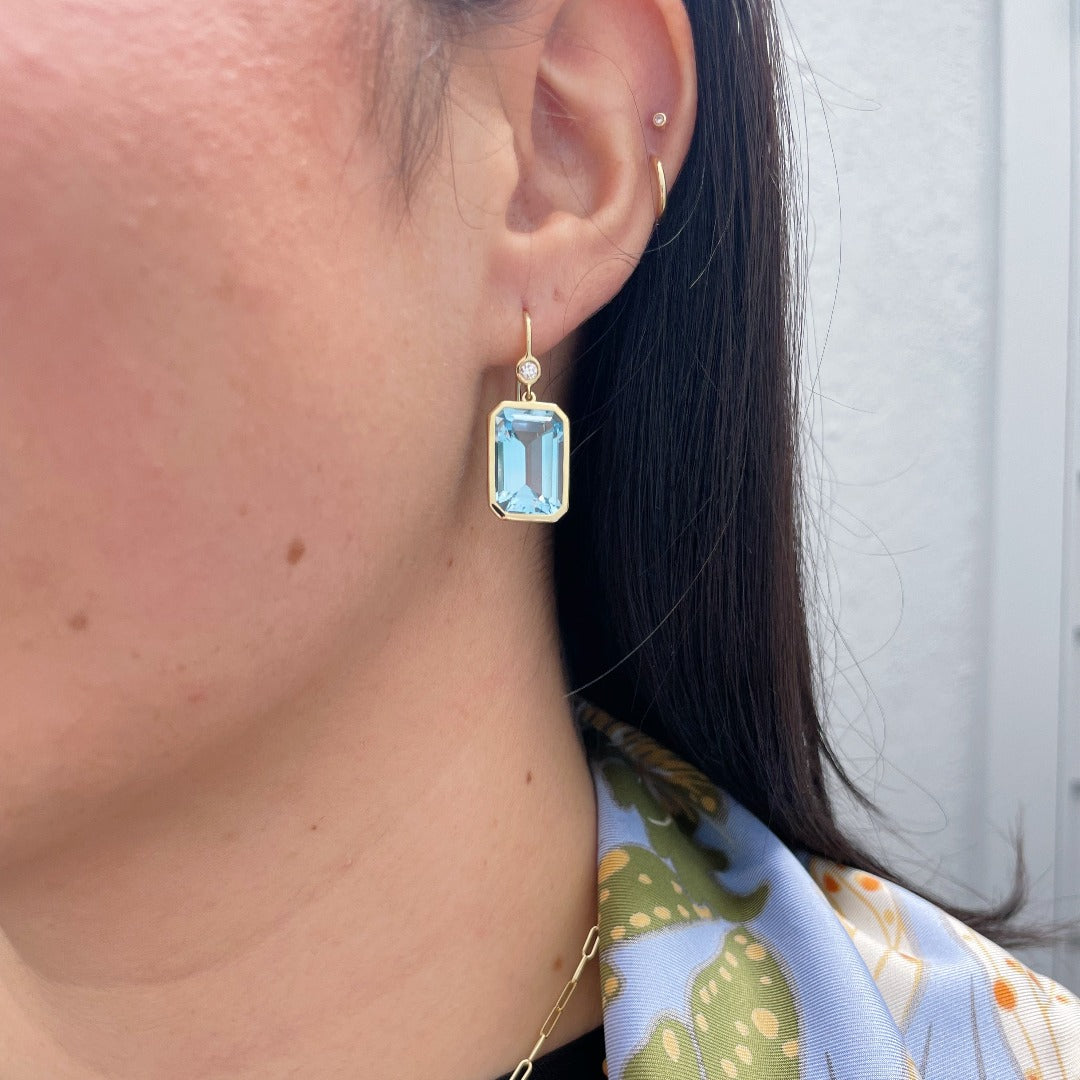 Goshwara Emerald Cut Blue Topaz 18K Yellow Gold Drop Earrings