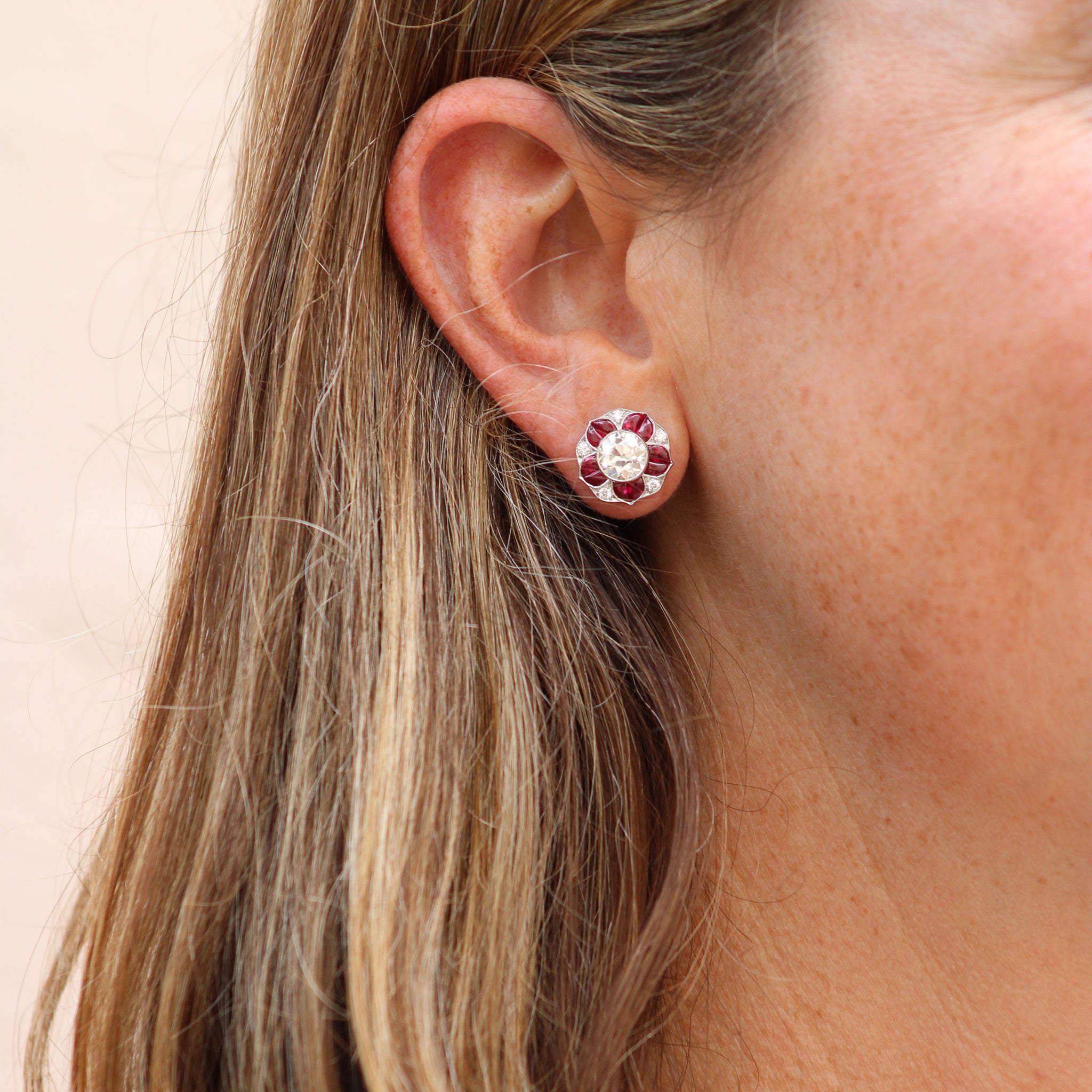 2.19ct Diamond & 2.65ct Ruby Platinum Stud Earrings