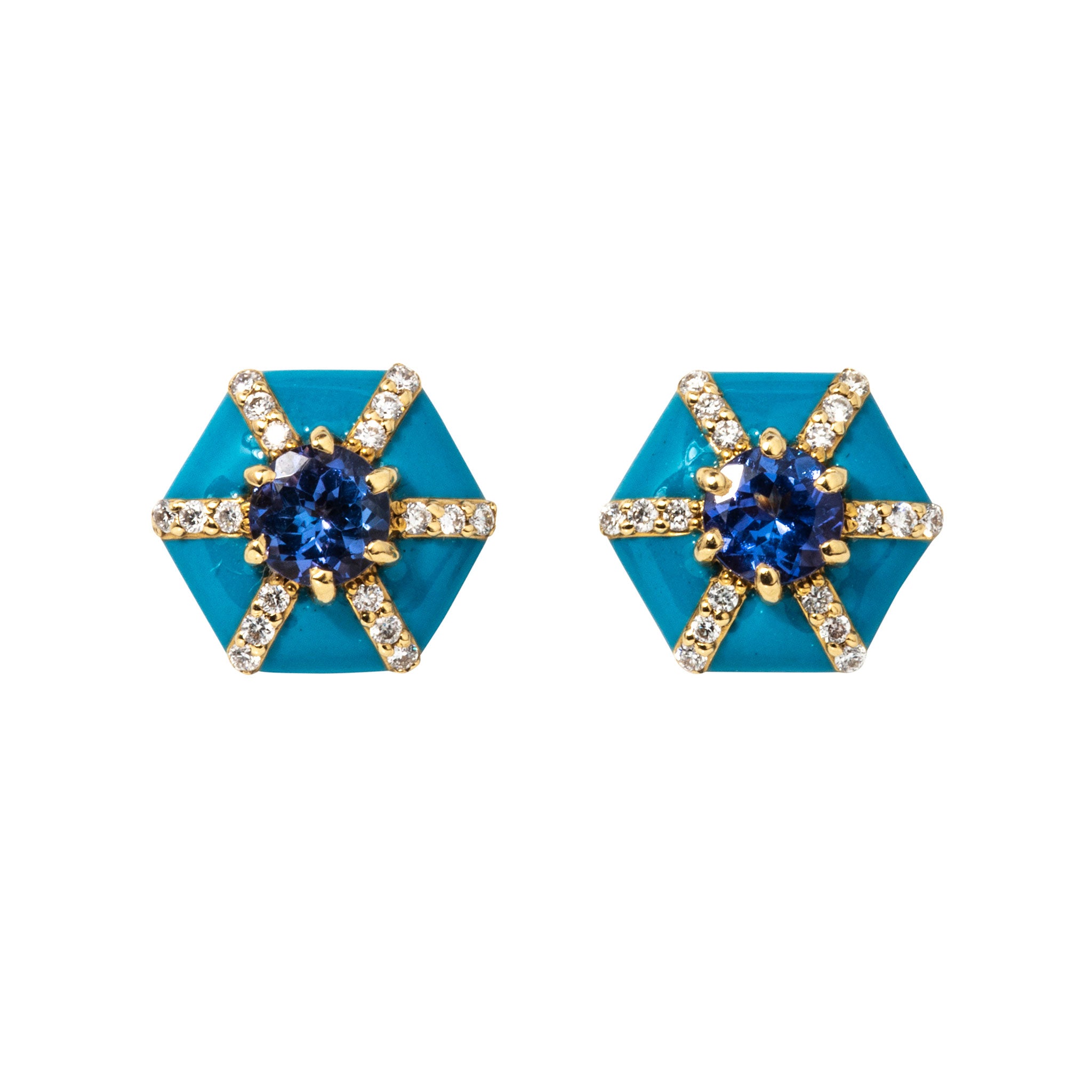 Goshwara Tanzanite & Turquoise Enamel 18K Gold Hexagon Stud Earrings