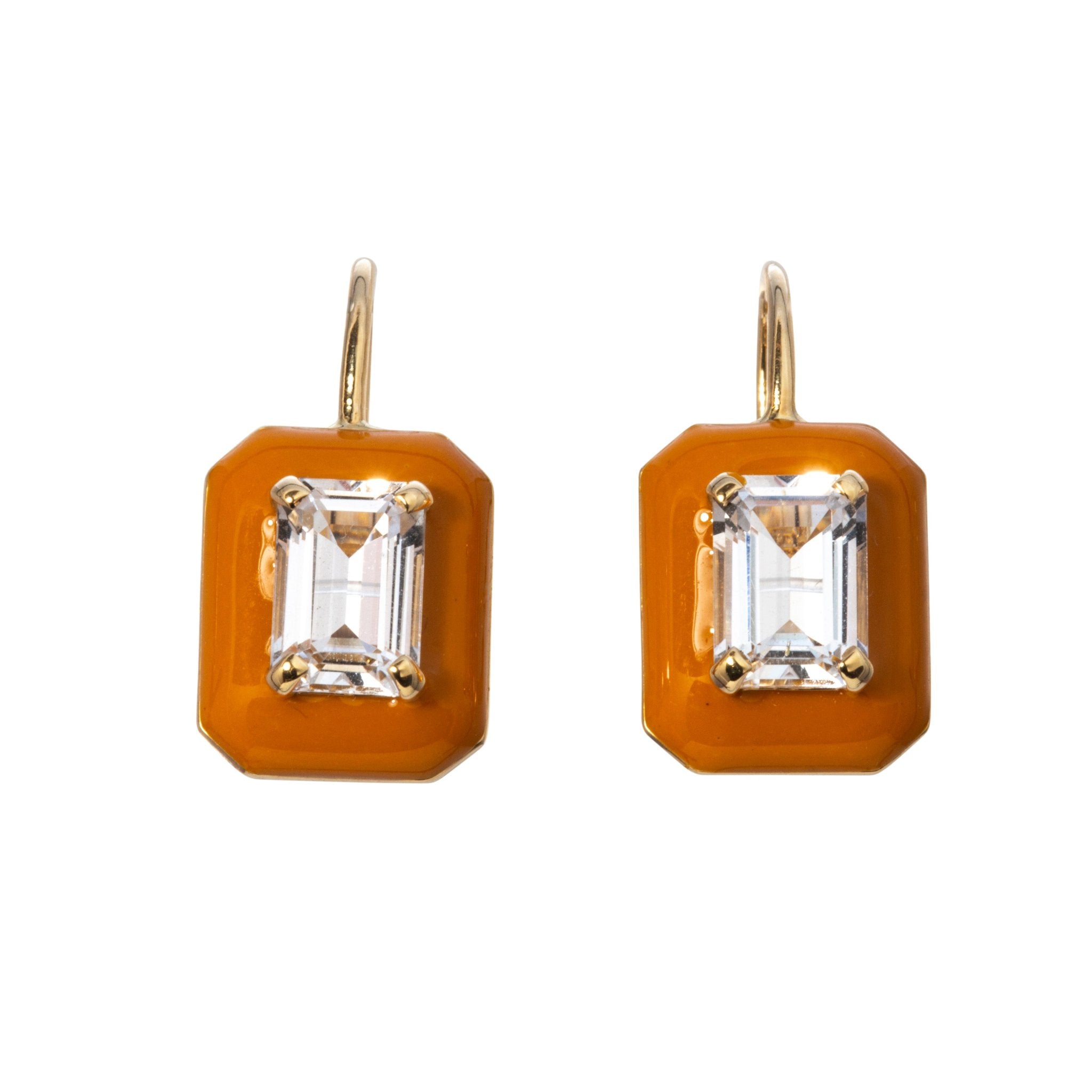 Goshwara Emerald-Cut Rock Crystal & Orange Enamel 18K Gold Earrings