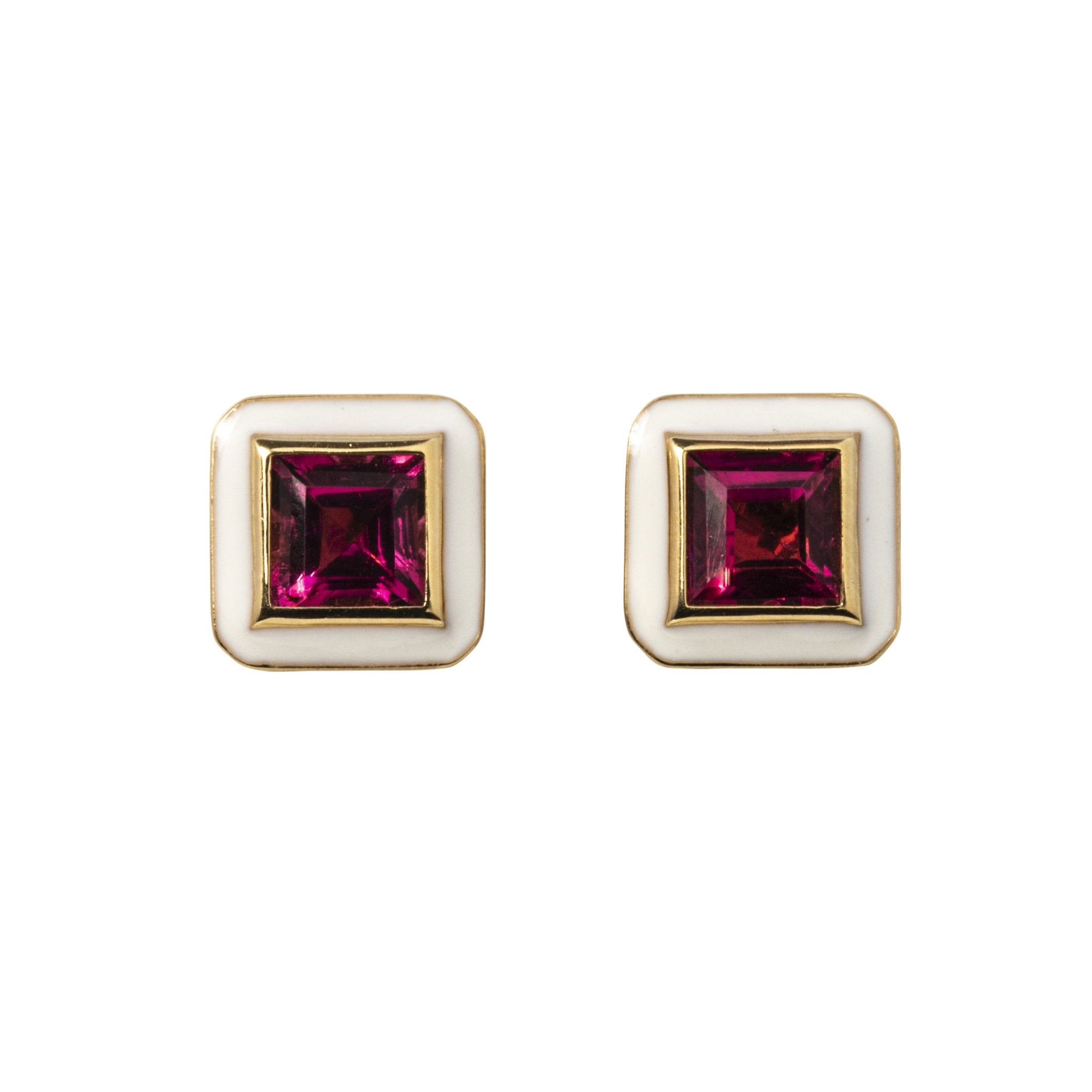 Goshwara Rubellite & White Enamel 18K Gold Stud Earrings