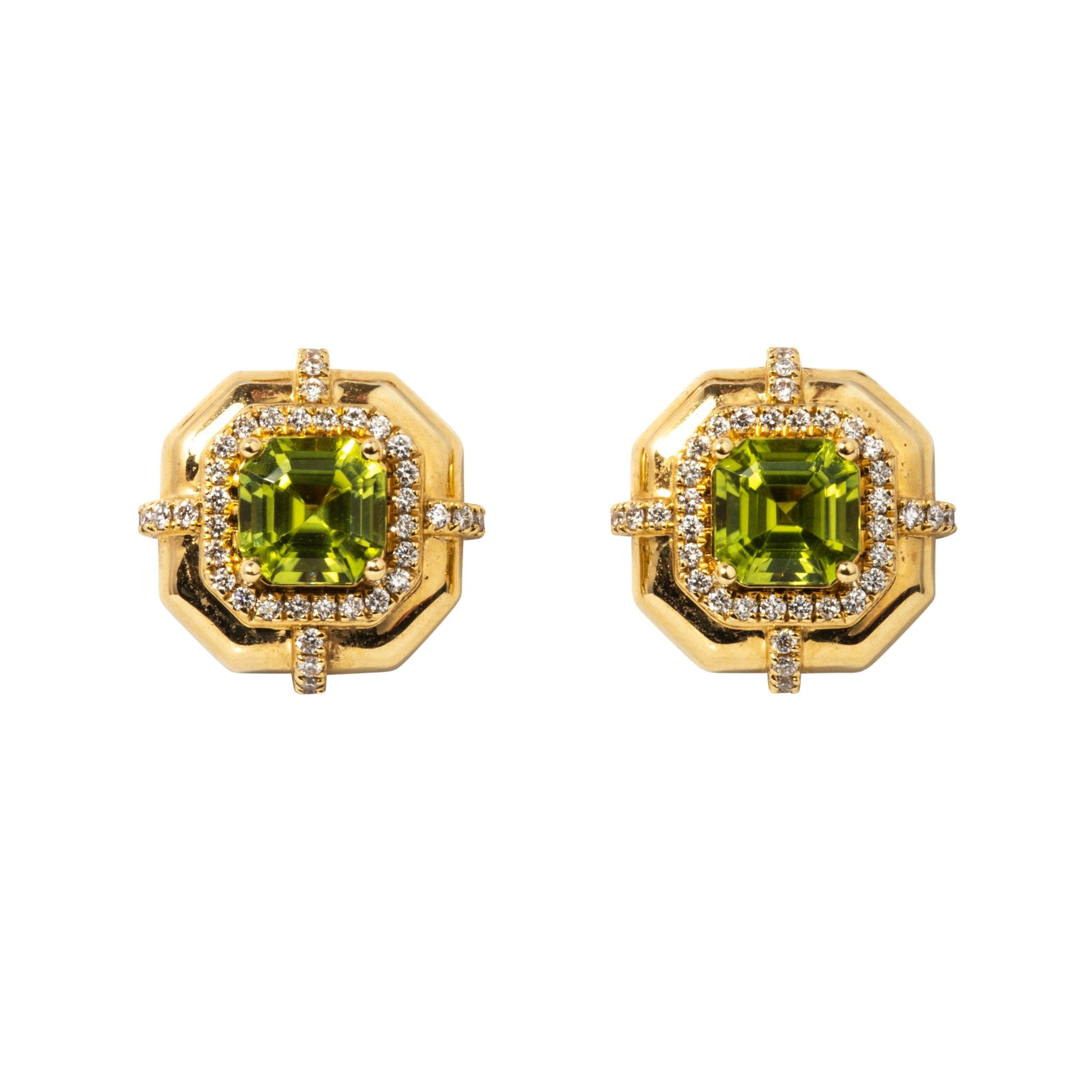 Goshwara Asscher Cut Peridot & Diamond 18K Yellow Gold Stud Earrings