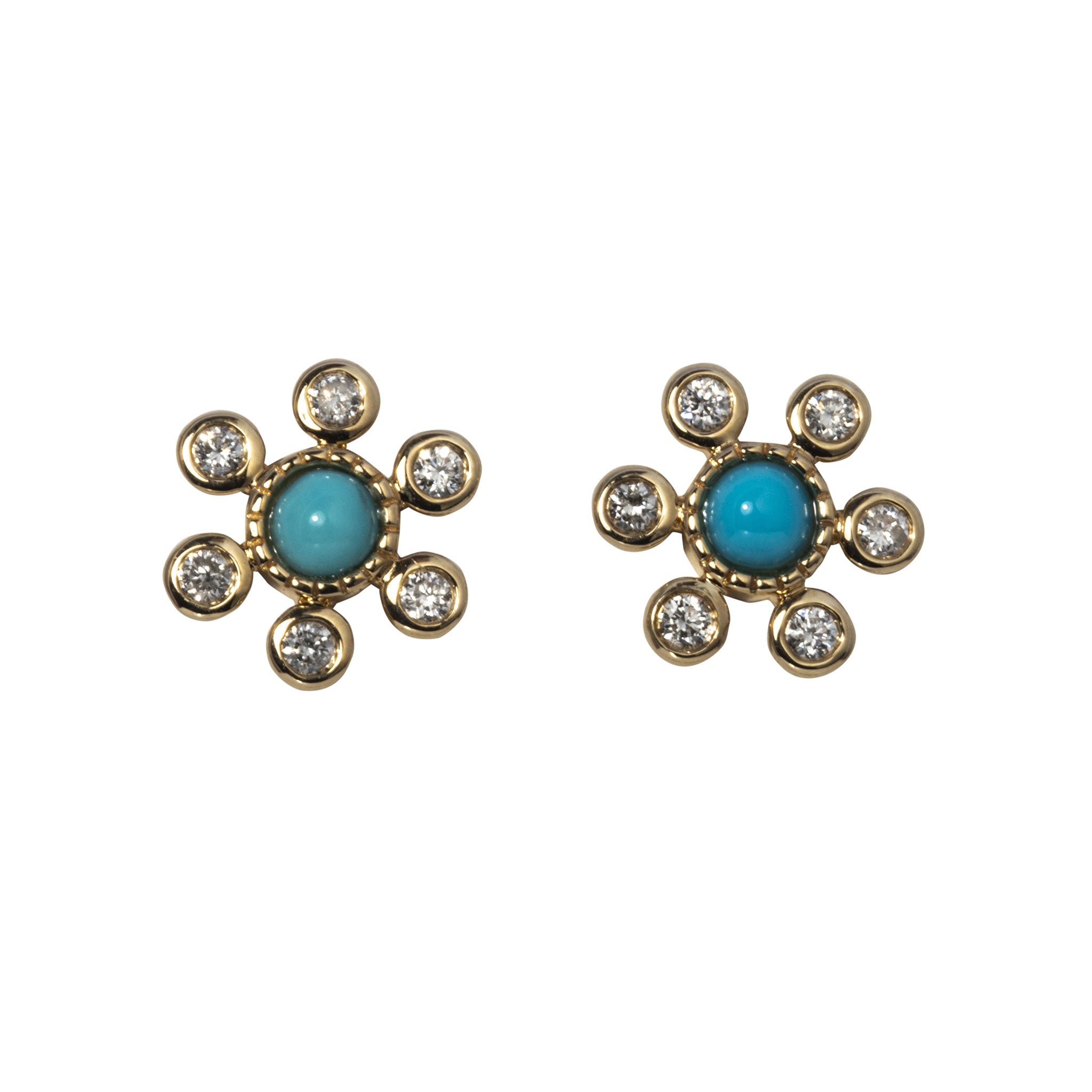 Turquoise & Diamond Halo Bezel Set 14K Gold Stud Earrings