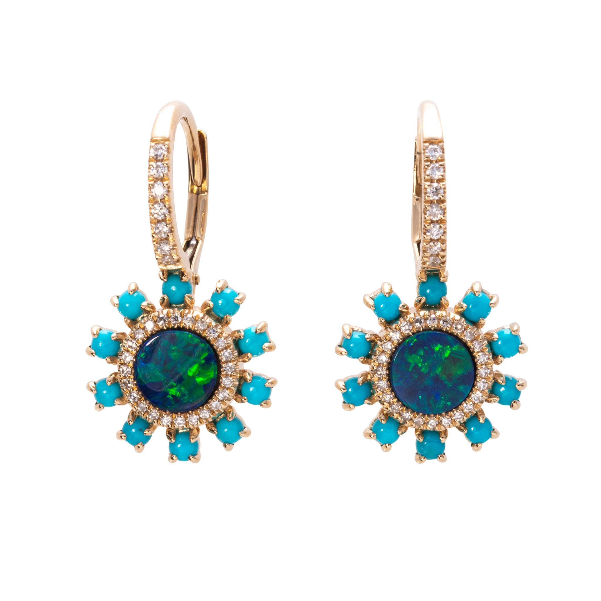 Opal, Turquoise & Diamond 14K Yellow Gold Leverback Earrings