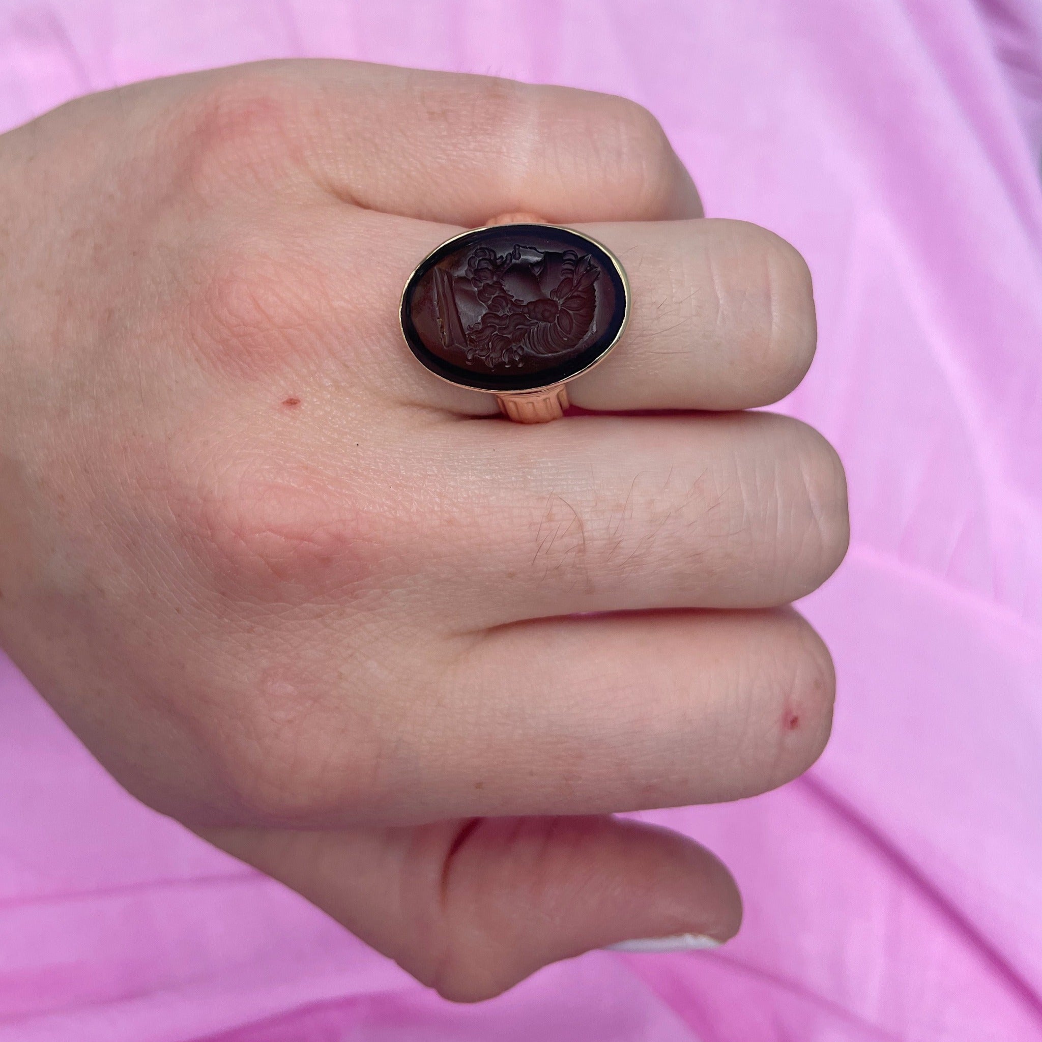 Victorian Smoky Quartz Intaglio 14K Gold Ring