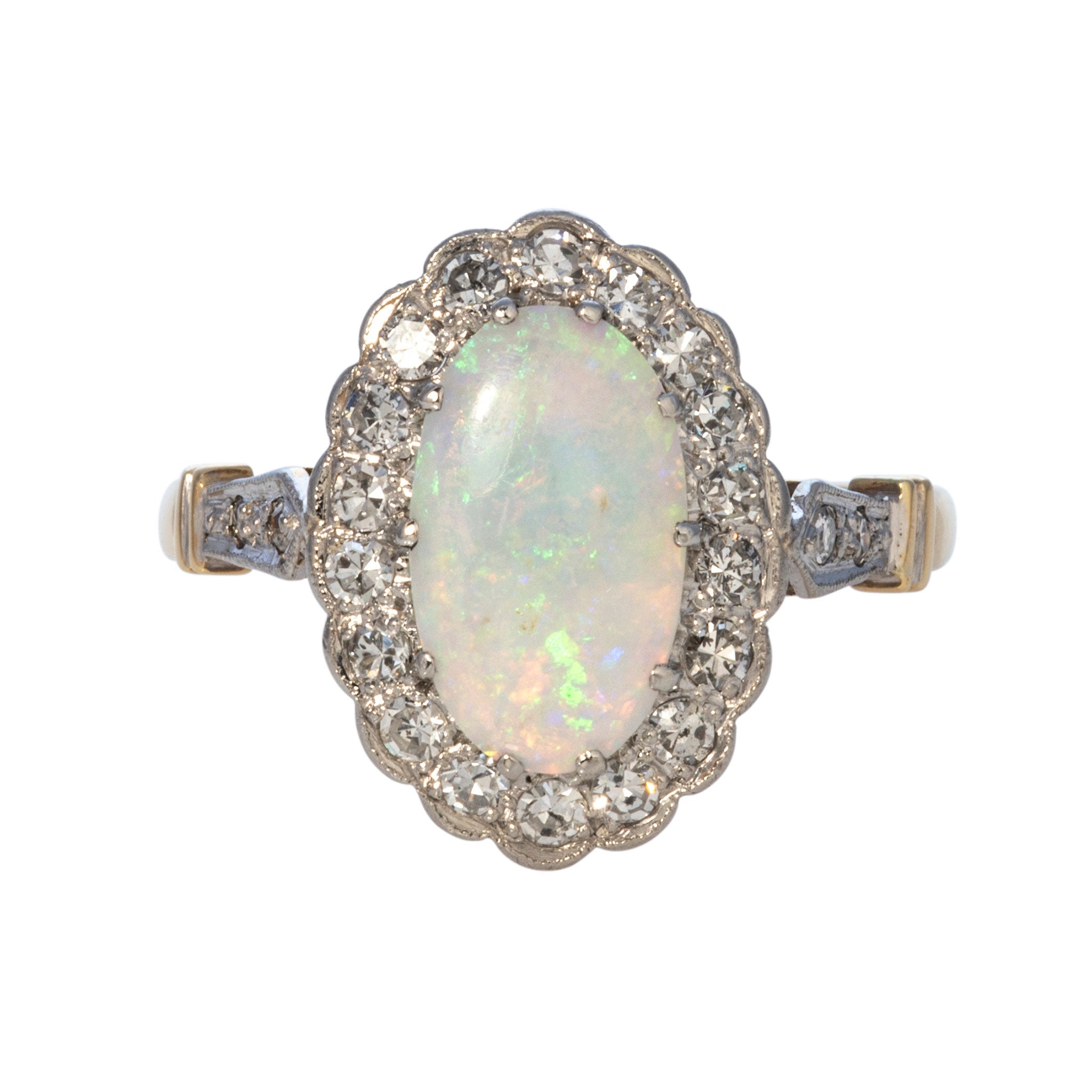 Estate .95ct Oval Opal Cabochon & Diamond Cluster Ring