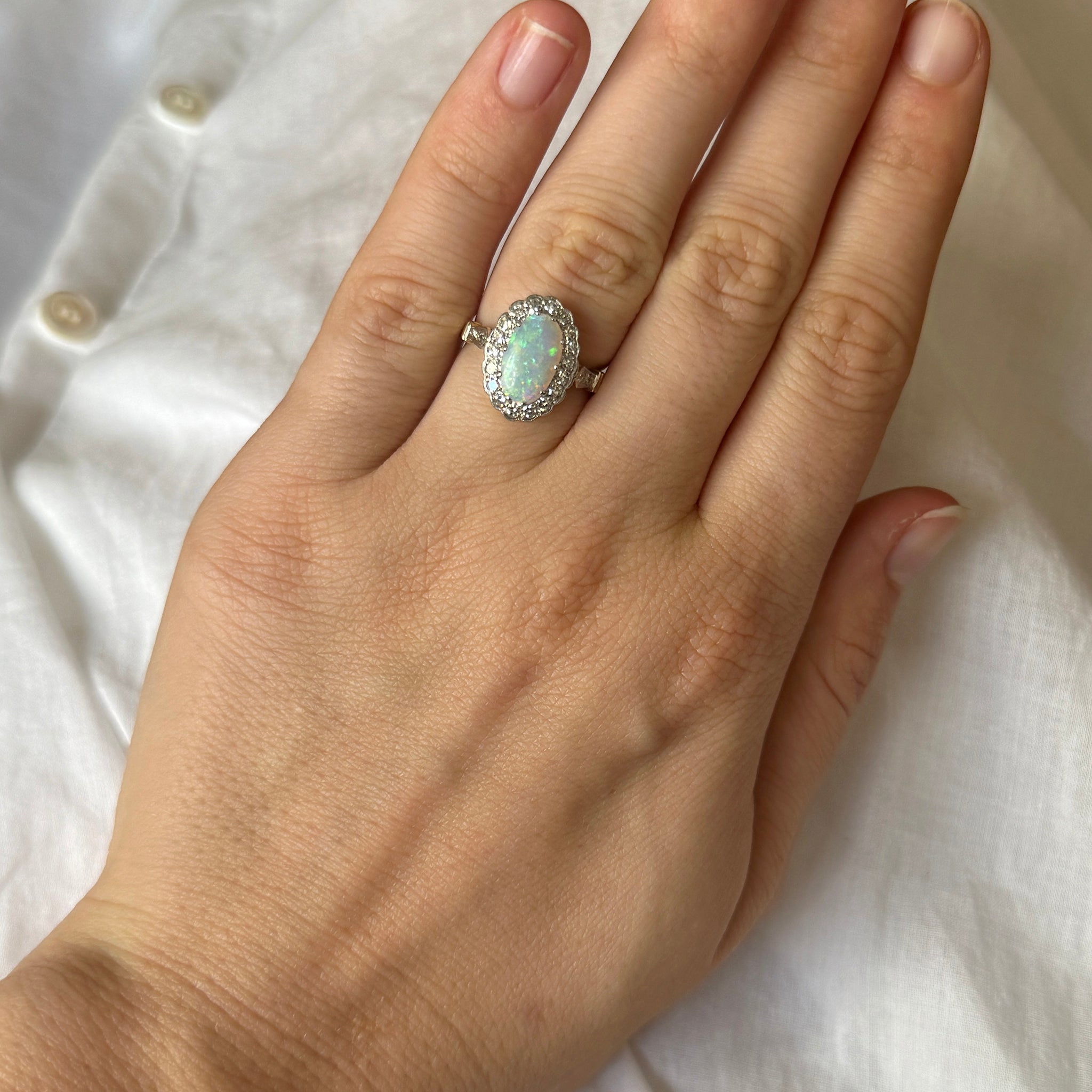 Estate .95ct Oval Opal Cabochon & Diamond Cluster Ring