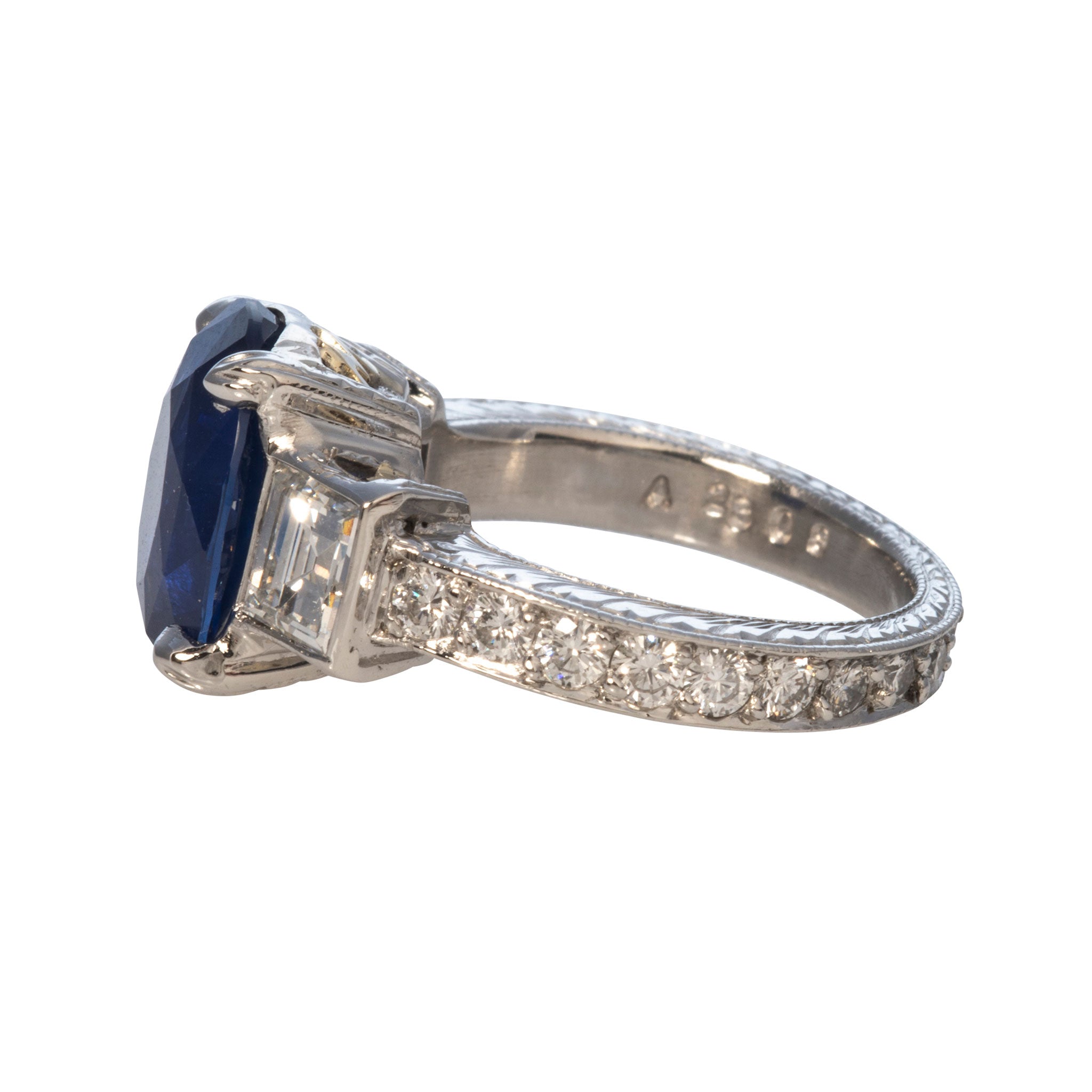 Estate 5ct Oval Sapphire, Baguette & Round Diamond Platinum Ring