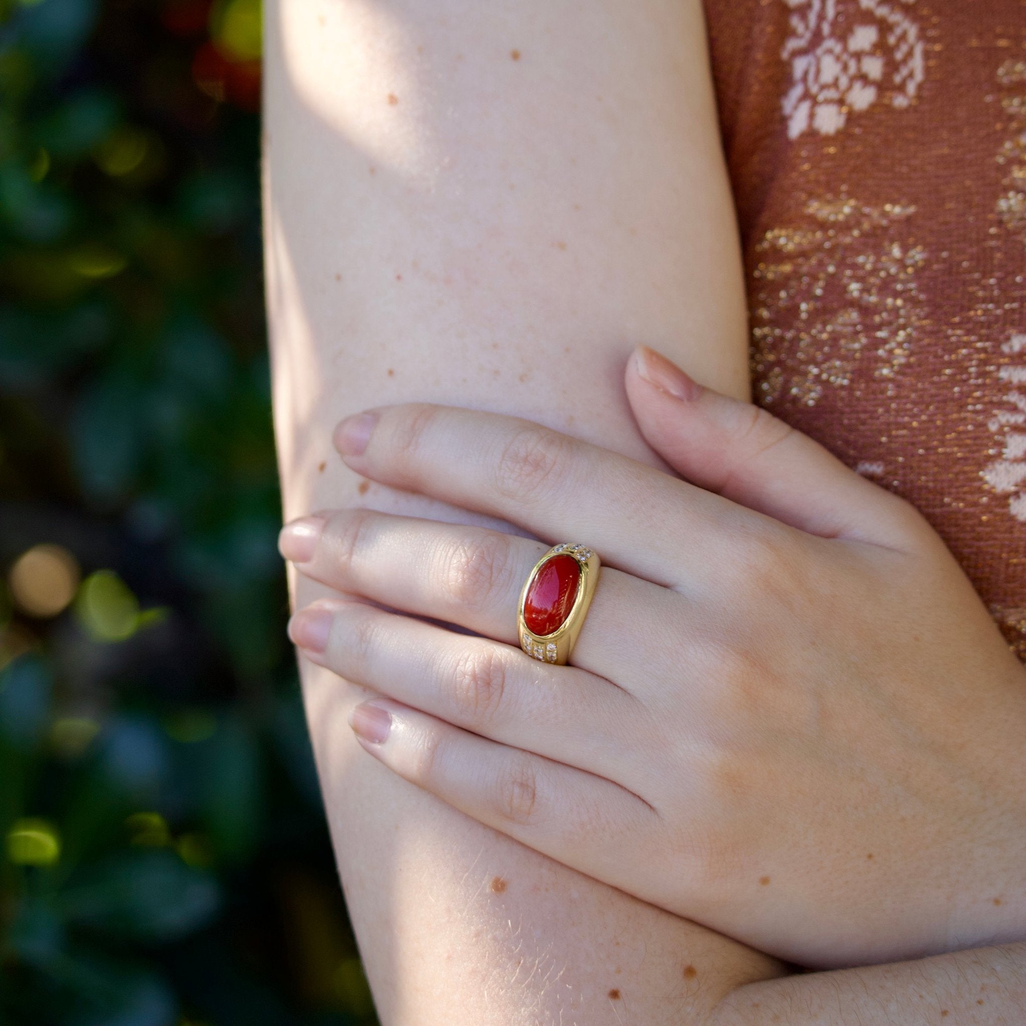 Estate Cabochon Coral & Diamond 18K Yellow Gold Ring