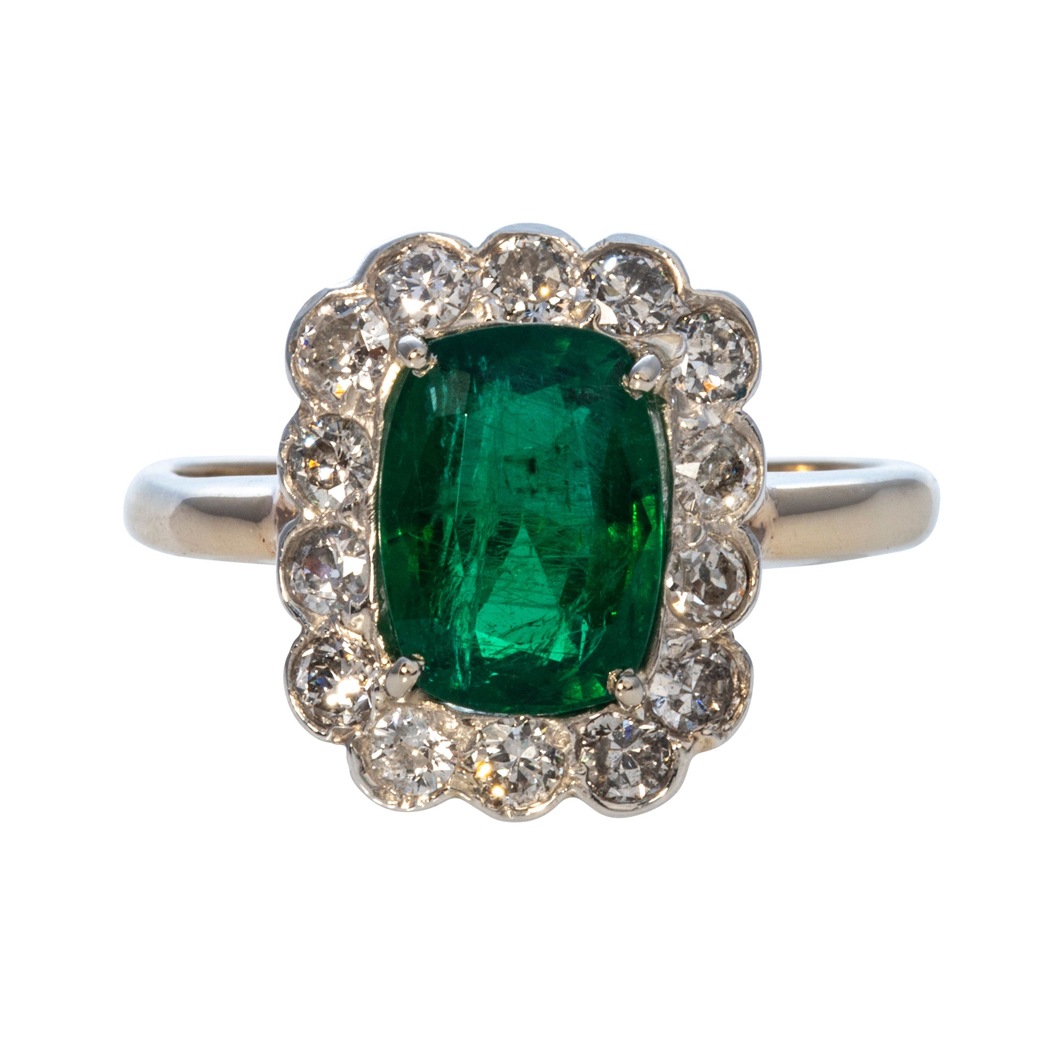 Estate Cushion Emerald & Diamond Silver 14K Gold Ring