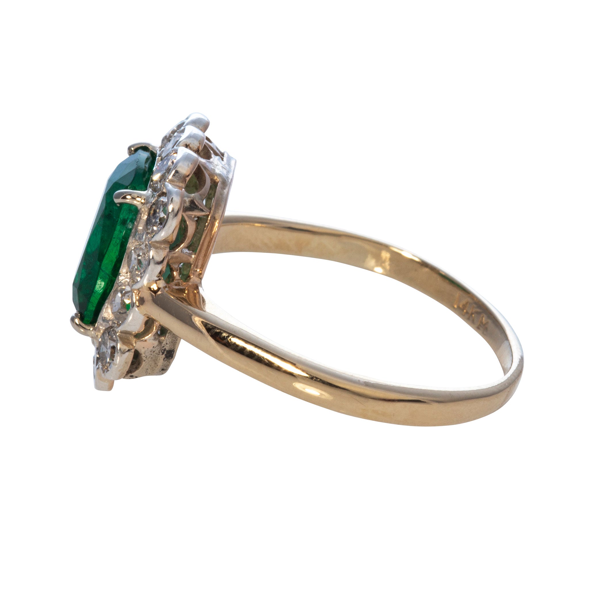 Estate Cushion Emerald & Diamond Silver 14K Gold Ring