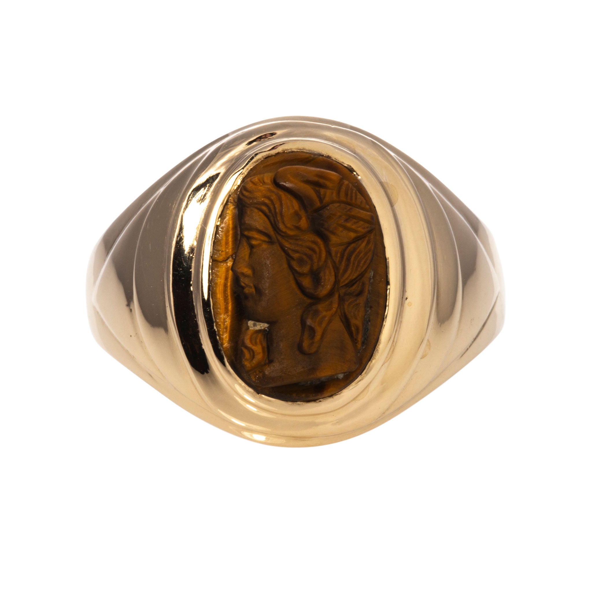 Vintage Carved Tiger's Eye Cameo 10K Gold Ring