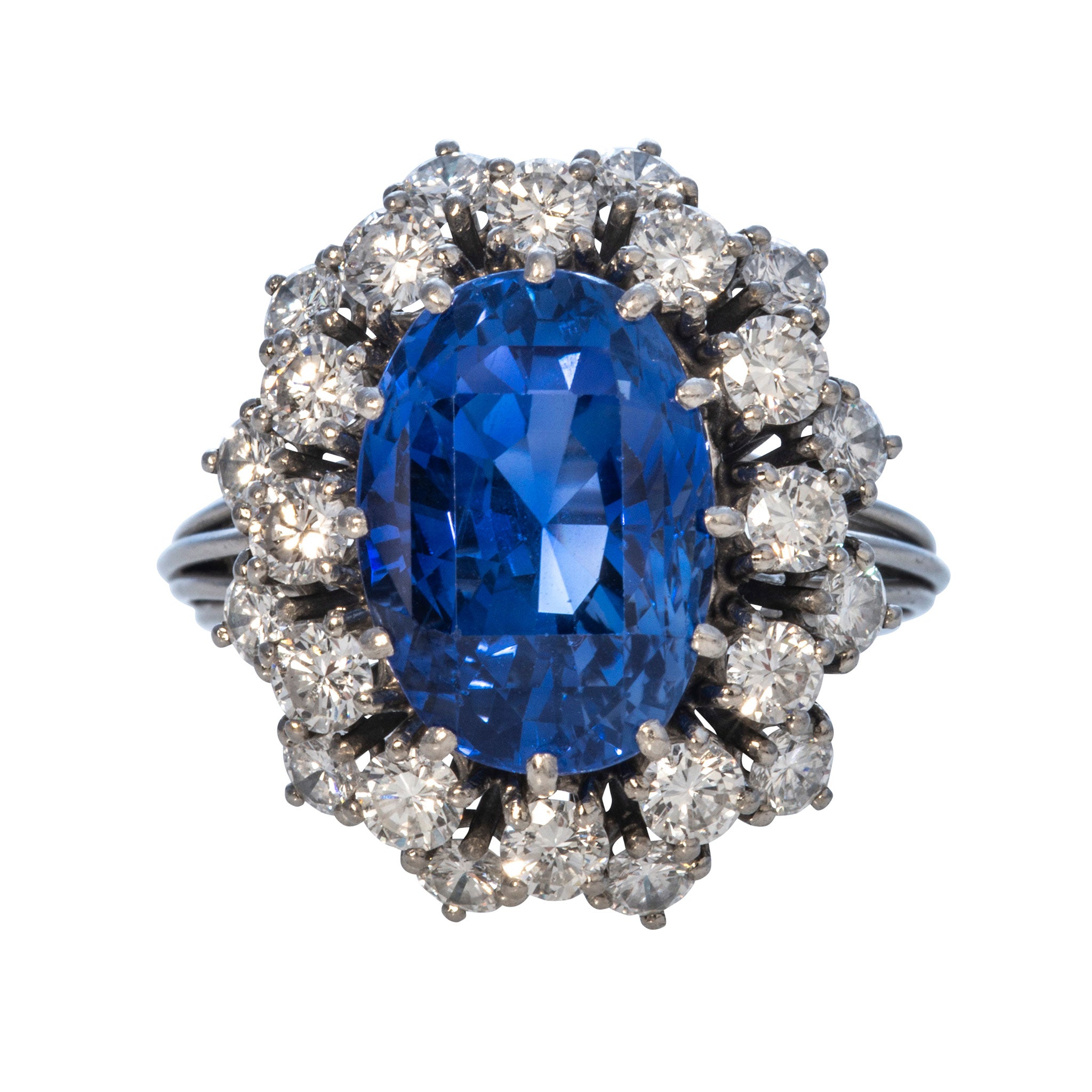 Estate 8ct No-Heat Sapphire & Diamond Cluster Platinum Ring