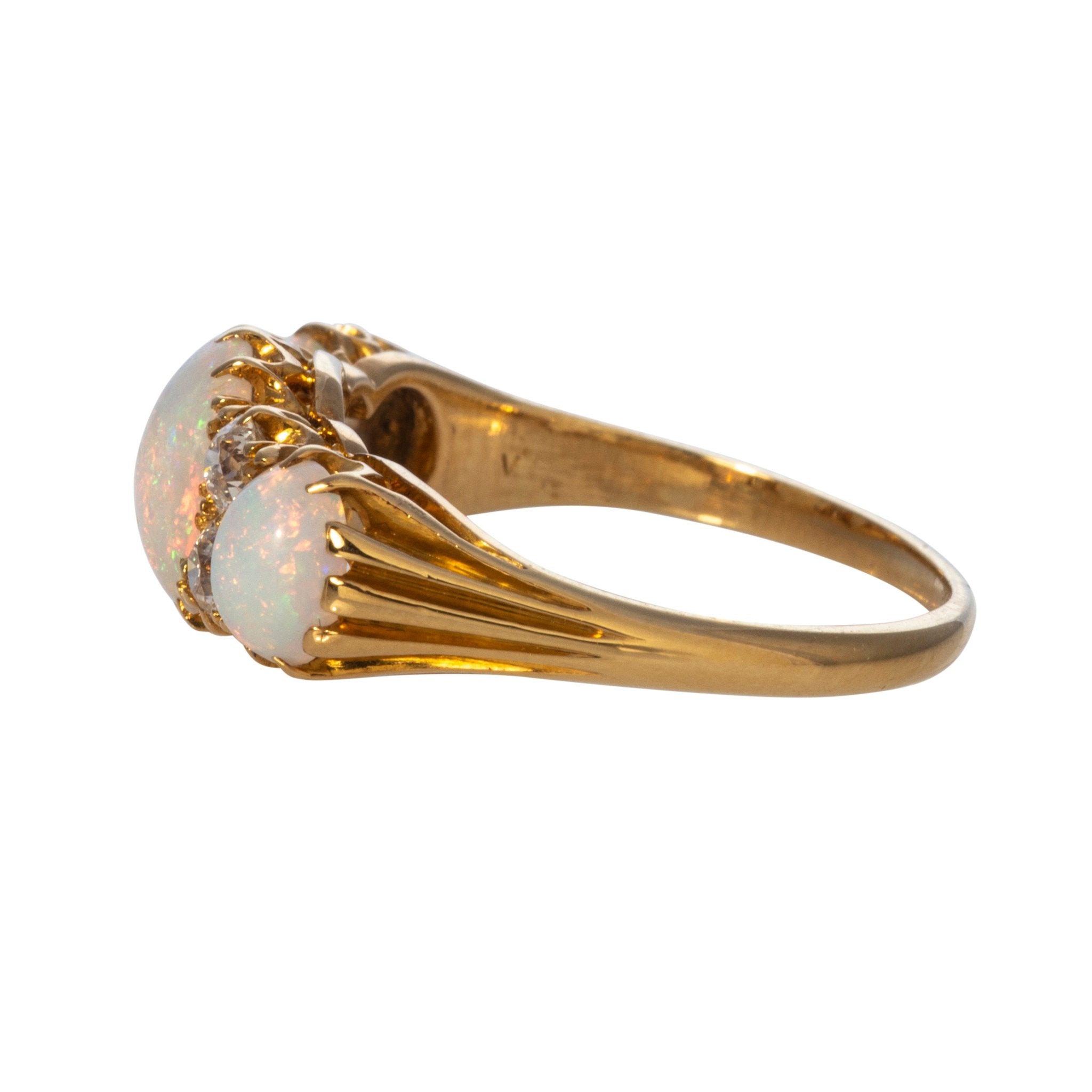 Victorian Three Stone Opal & Diamond 18K Yellow Gold Ring